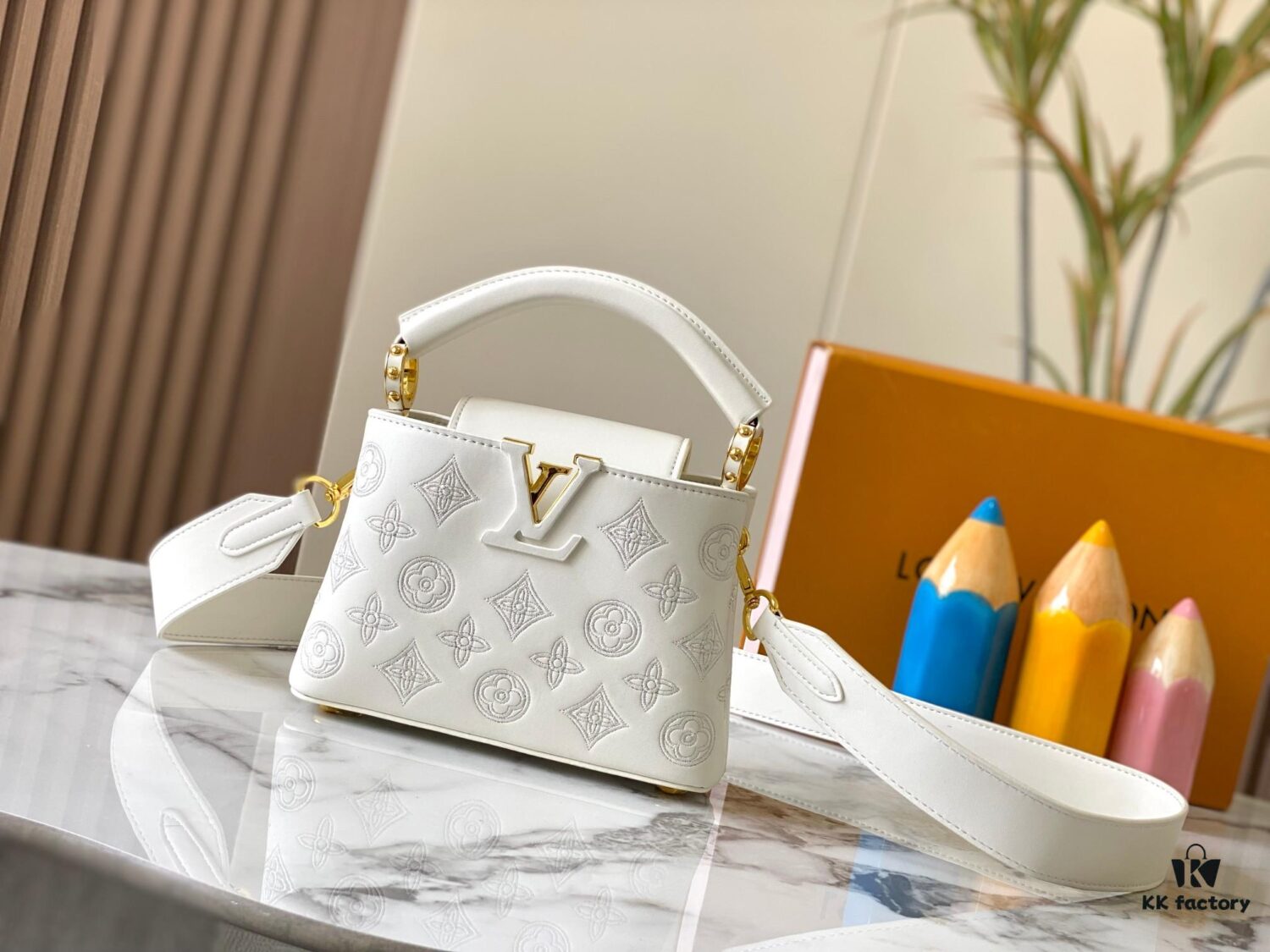 Upgraded M20741 LV Broderie Anglaise Embroidered Gold Button Capucines Mini Bag
