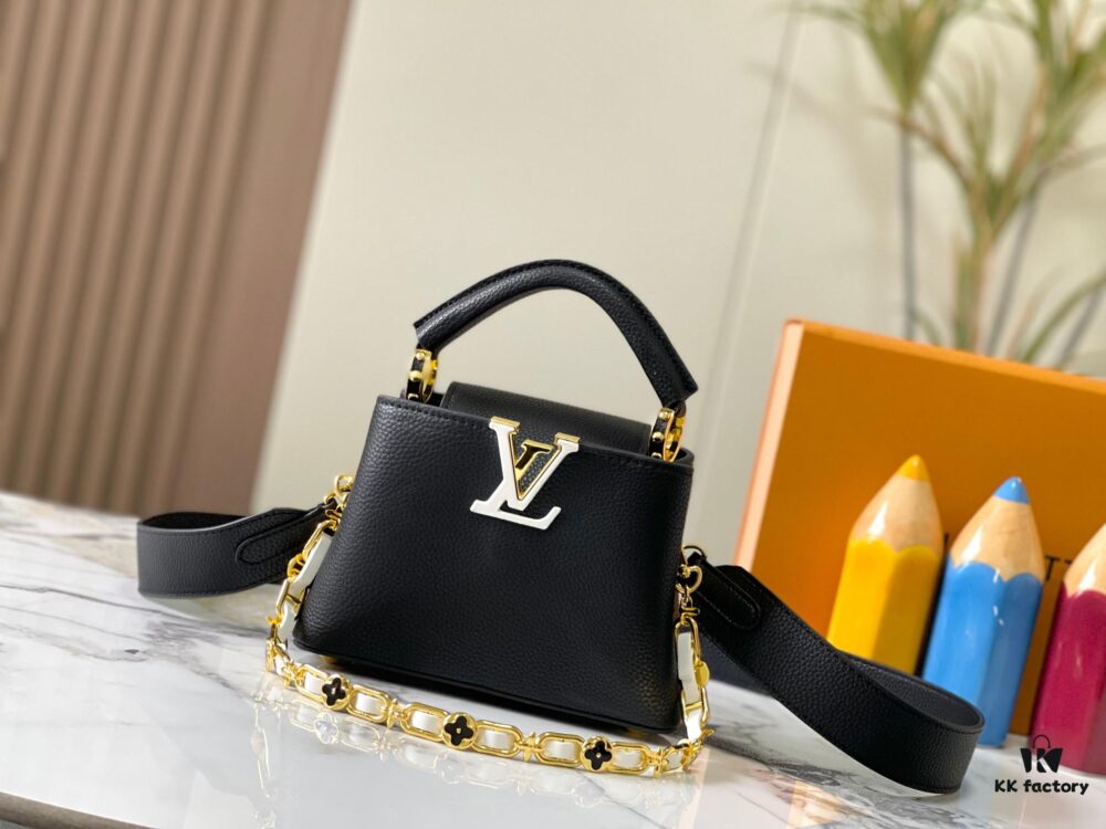 693088486e68136f4d9a88e5 Upgraded M23198 Black Gold-Tone Capucines Mini Handbag