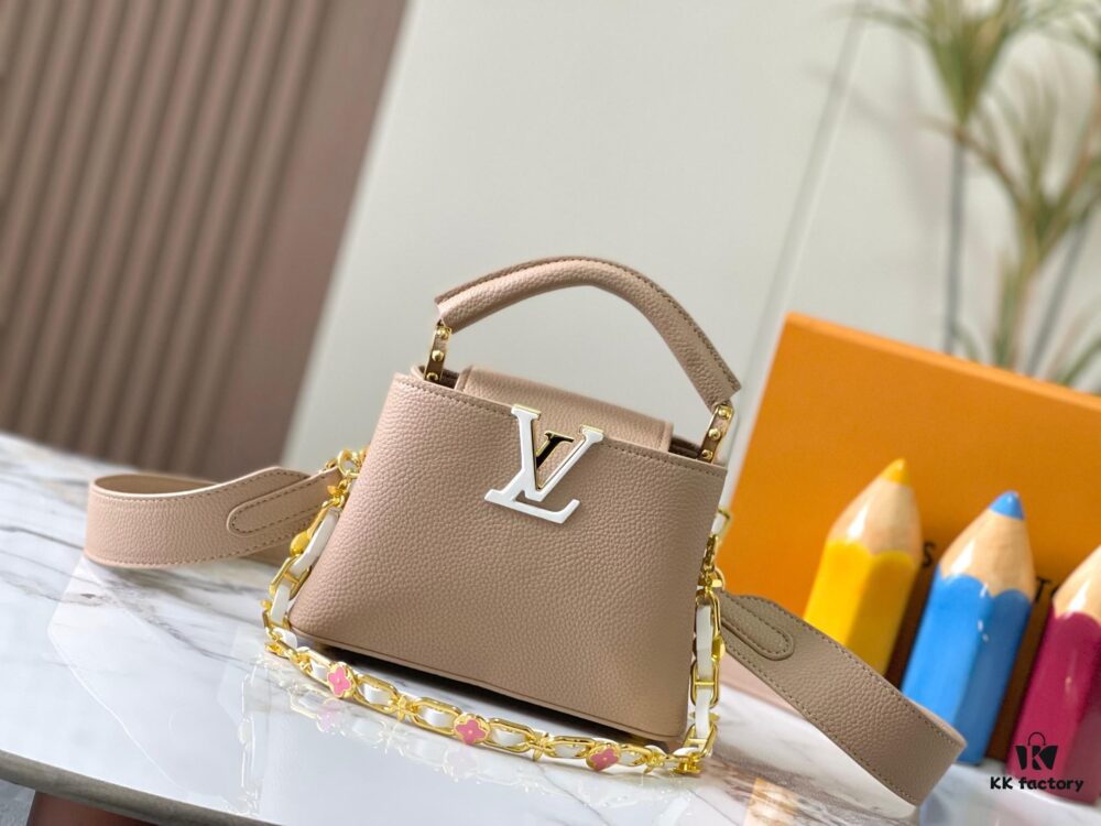 6930884d6e68136f4d9a88ef Upgraded M23198 Beige Gold-Tone Capucines Mini Handbag