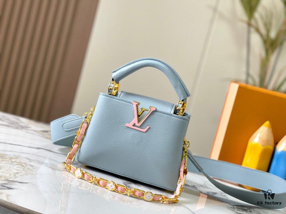 693088516e68136f4d9a88f6 Upgraded M23198 Sky Blue with Gold-Tone Hardware Capucines Mini Handbag