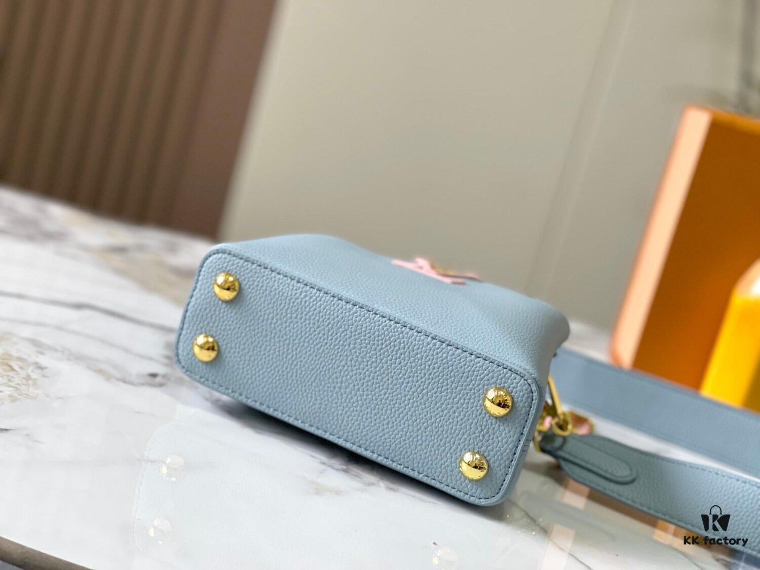 Upgraded M23198 Sky Blue with Gold-Tone Hardware Capucines Mini Handbag