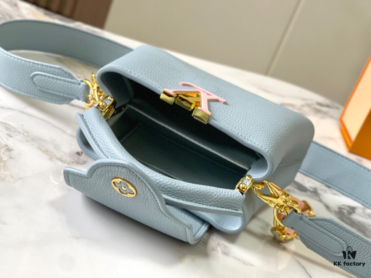 Upgraded M23198 Sky Blue with Gold-Tone Hardware Capucines Mini Handbag