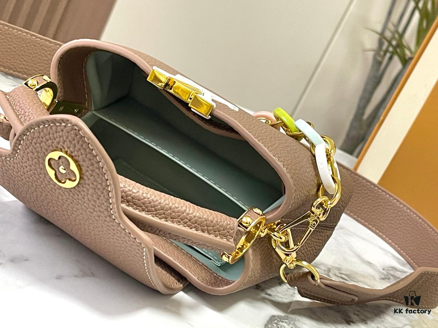 693089606e68136f4d9a8b13 Upgraded M21798 Brown Gold-Tone Mini Capucines Handbag