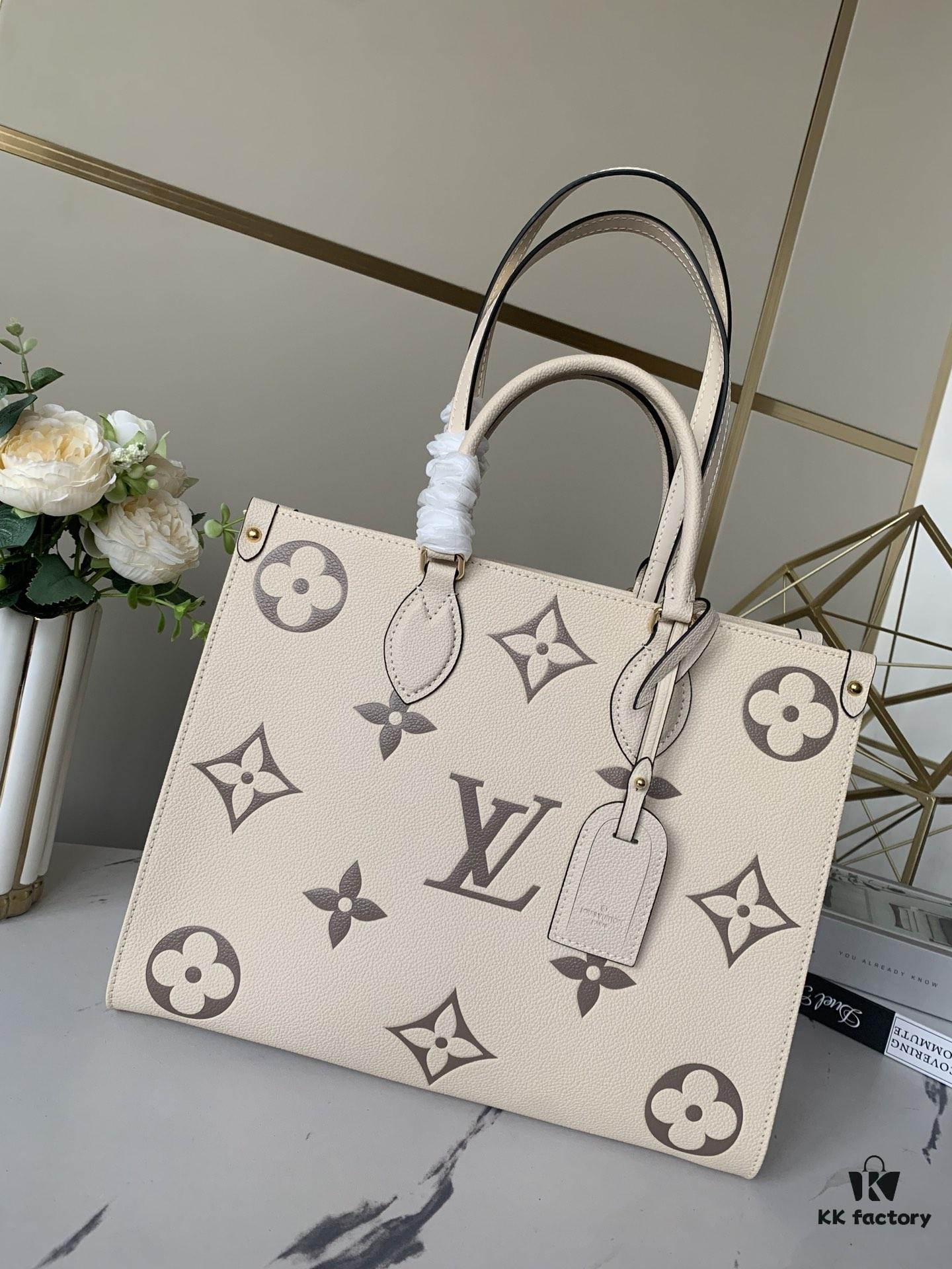 69308adc6e68136f4d9a8e39 Top-Grade Full-Grain Genuine Leather Louis Vuitton M45493 Cream White OnTheGo Medium Tote Bag