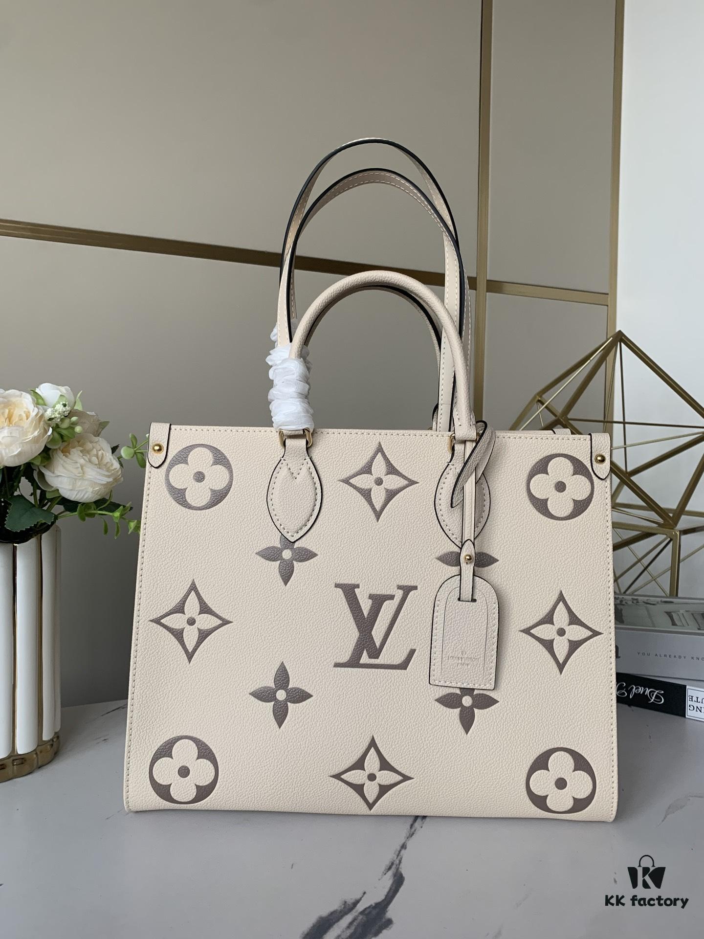 69308adc6e68136f4d9a8e3a Top-Grade Full-Grain Genuine Leather Louis Vuitton M45493 Cream White OnTheGo Medium Tote Bag