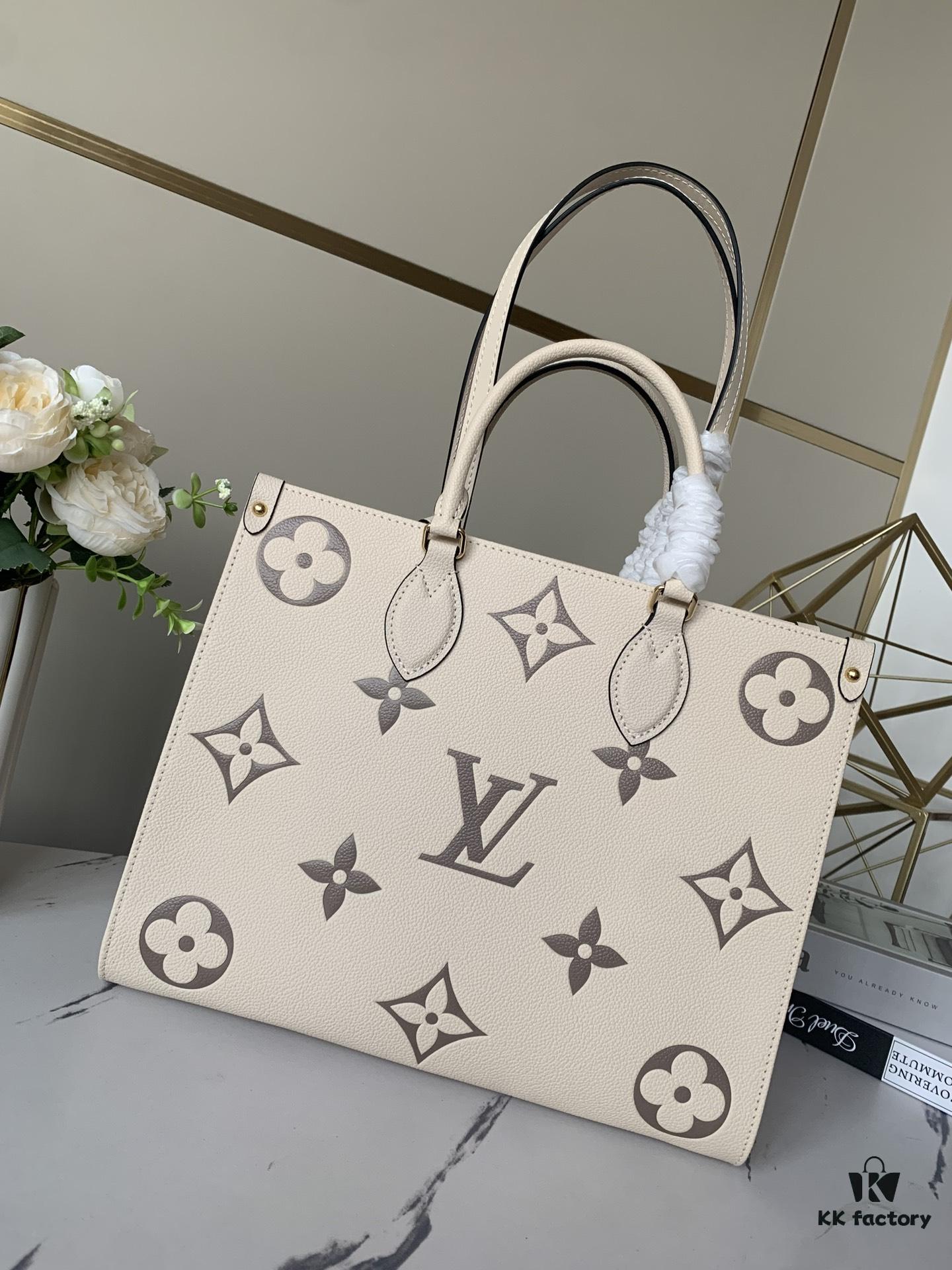 69308add6e68136f4d9a8e3b Top-Grade Full-Grain Genuine Leather Louis Vuitton M45493 Cream White OnTheGo Medium Tote Bag