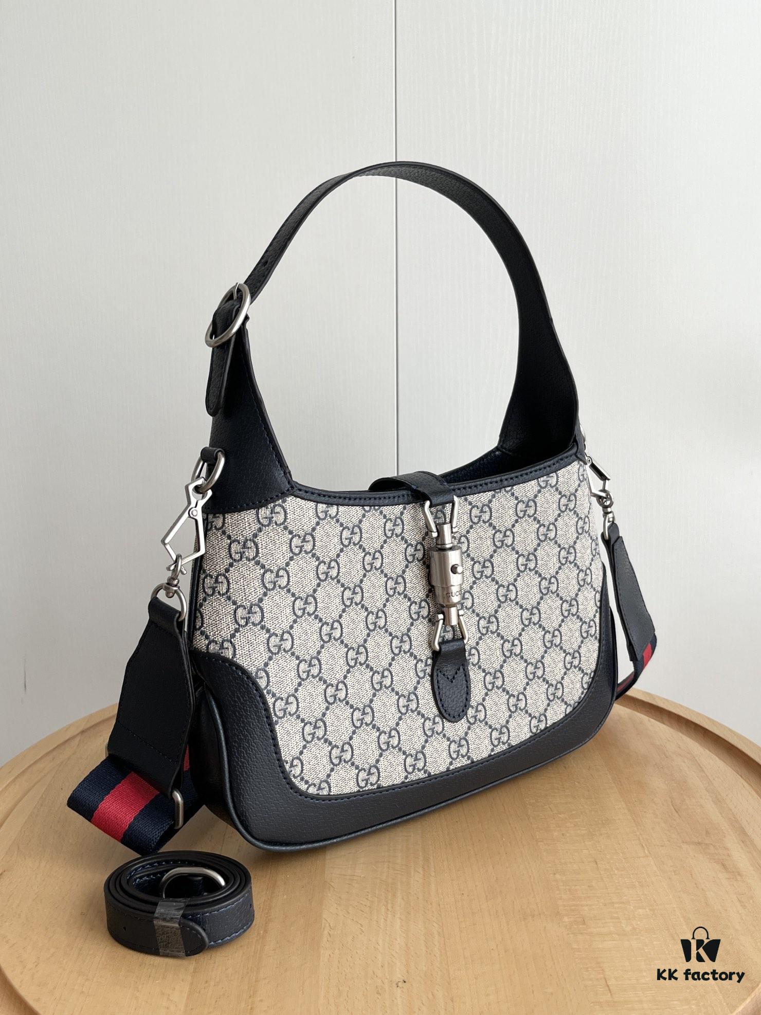 69308bab6e68136f4d9a8fa5 Gucci UN3AG 1294 Jackie 1961 Small Tote Bag - Black and Ivory GG Denim Jacquard with Leather Trim
