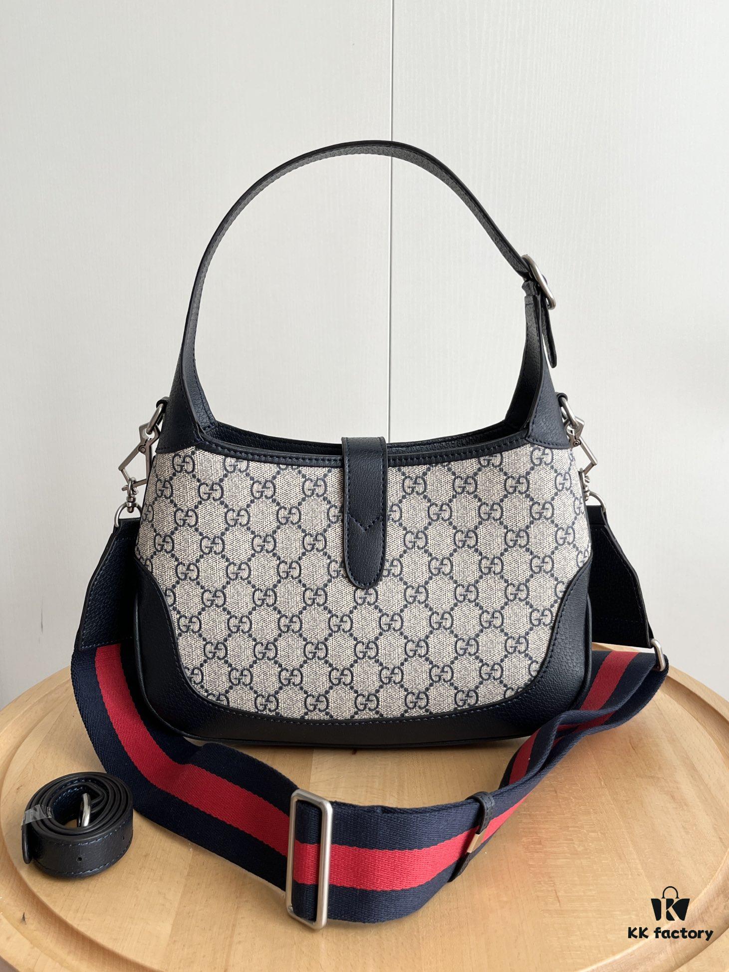 69308bac6e68136f4d9a8fa8 Gucci UN3AG 1294 Jackie 1961 Small Tote Bag - Black and Ivory GG Denim Jacquard with Leather Trim
