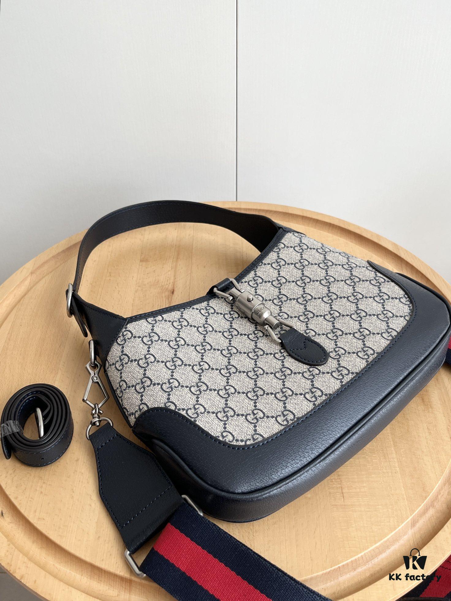 69308baf6e68136f4d9a8fac Gucci UN3AG 1294 Jackie 1961 Small Tote Bag - Black and Ivory GG Denim Jacquard with Leather Trim