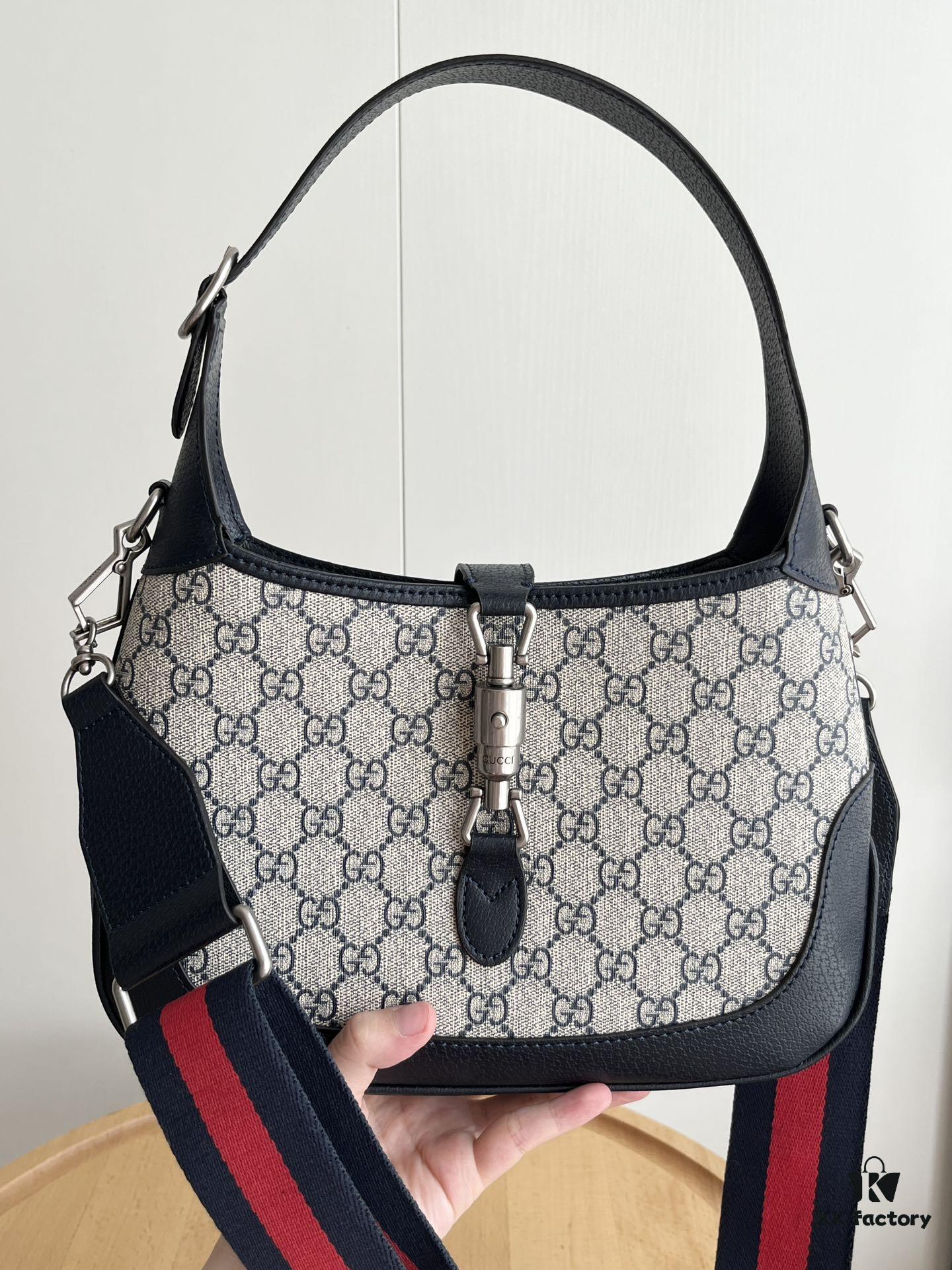 69308bb16e68136f4d9a8fb2 Gucci UN3AG 1294 Jackie 1961 Small Tote Bag - Black and Ivory GG Denim Jacquard with Leather Trim