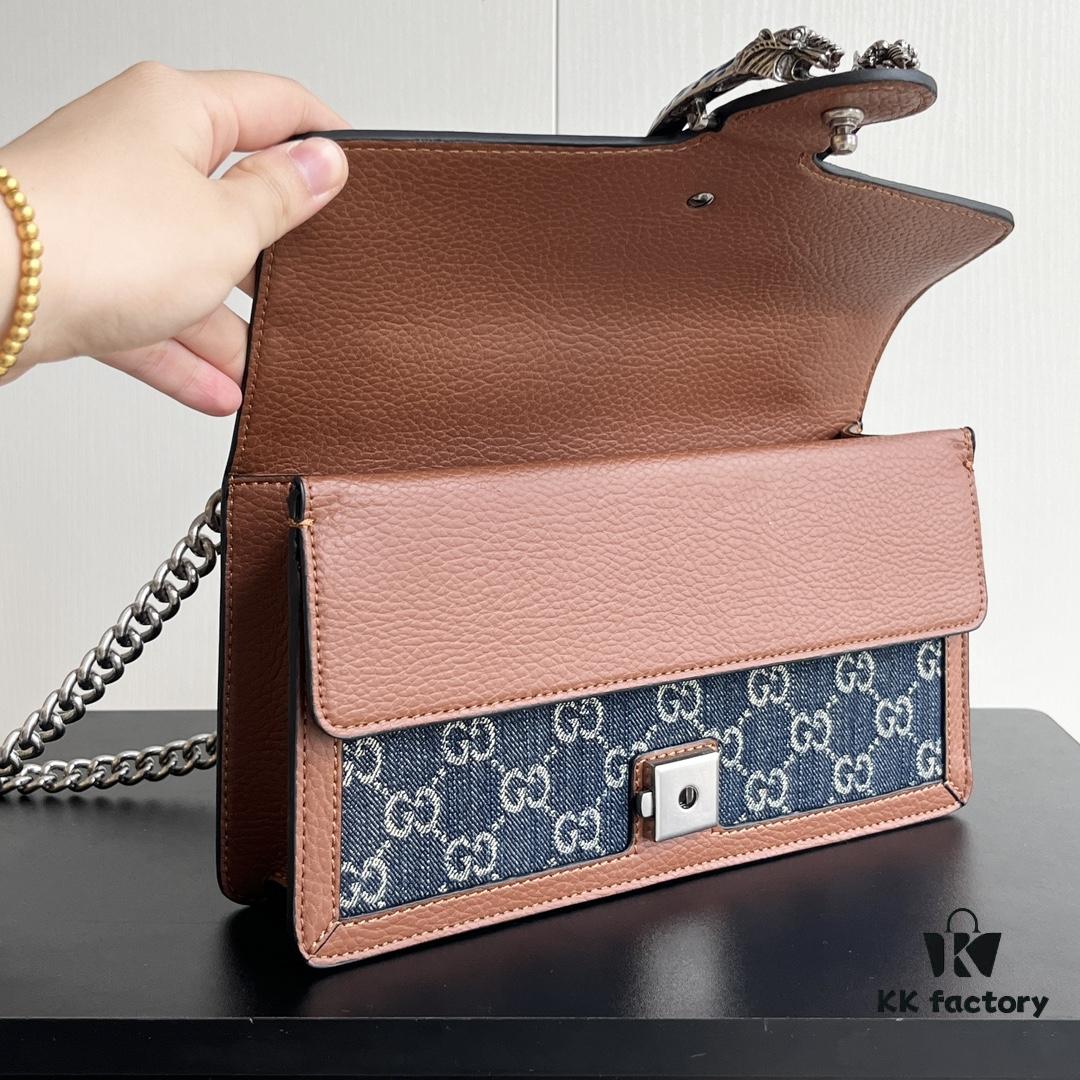69308cef6e68136f4d9a922c Upgraded Version Genuine GUCCI Dionysus Blue Denim Bag with Tiger Head Diamond Clasp