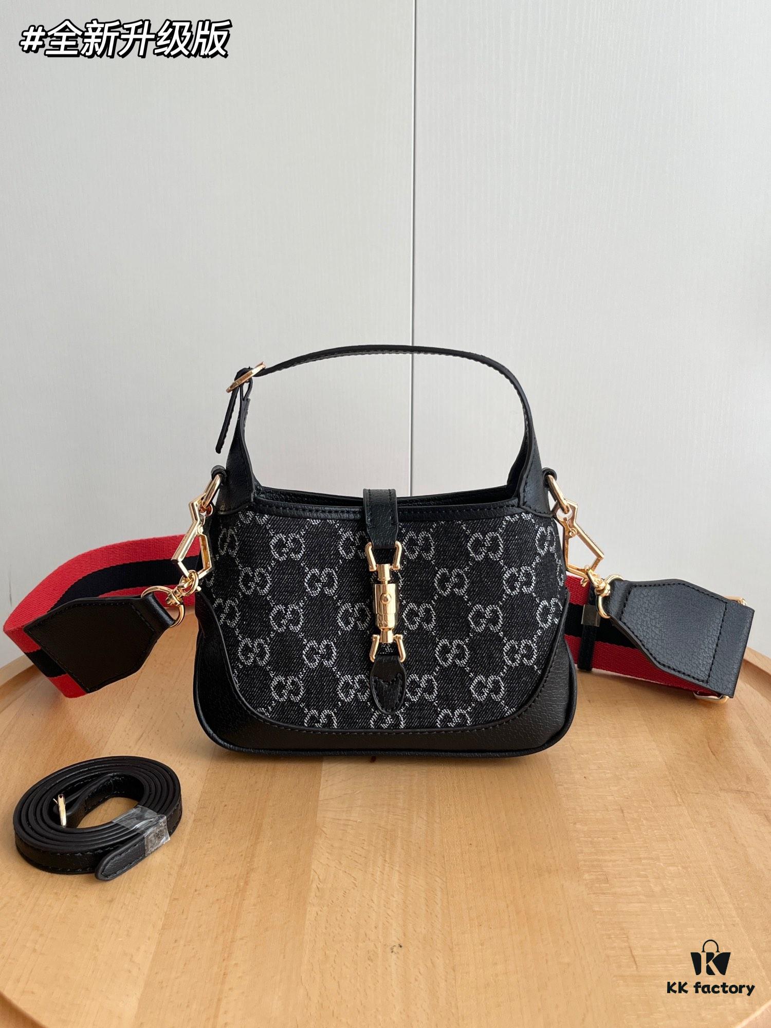 69308dbe6e68136f4d9a9397 Authentic Shot # (Double Shoulder Strap) - Gucci Jackie 1961 Small Bag in Black and Ivory GG Denim Jacquard