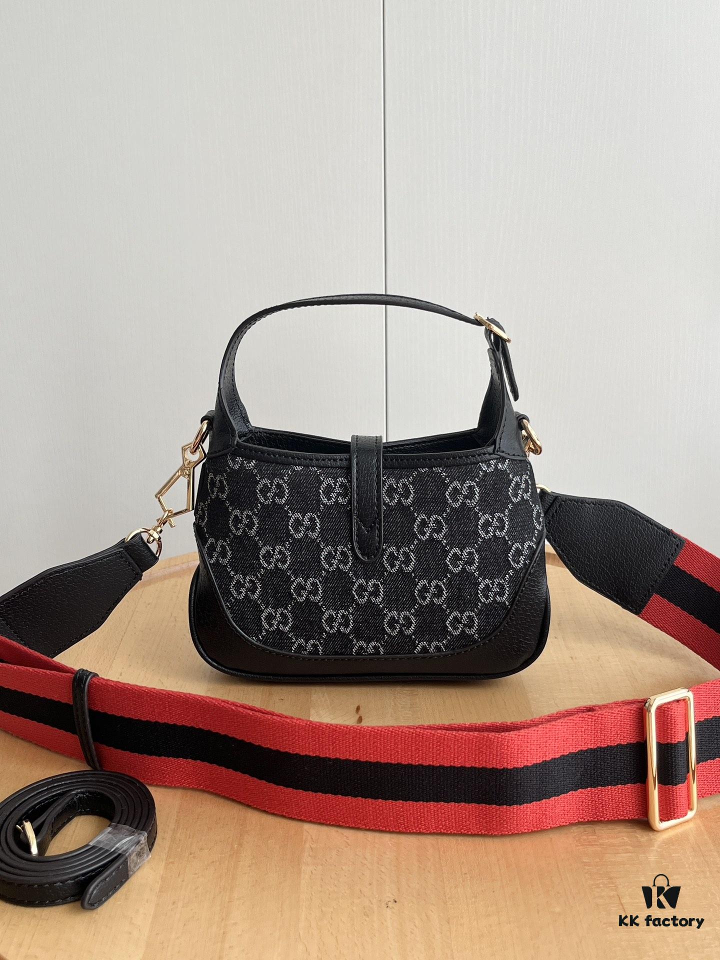 69308dbf6e68136f4d9a9398 Authentic Shot # (Double Shoulder Strap) - Gucci Jackie 1961 Small Bag in Black and Ivory GG Denim Jacquard