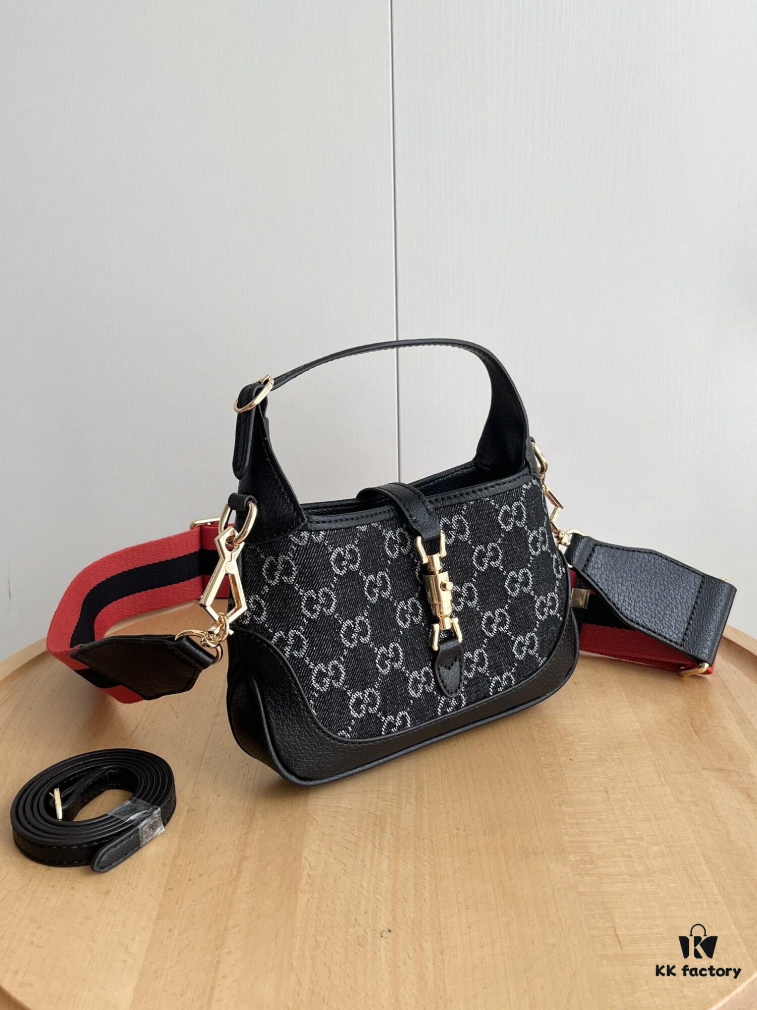 69308dbf6e68136f4d9a939b Authentic Shot # (Double Shoulder Strap) - Gucci Jackie 1961 Small Bag in Black and Ivory GG Denim Jacquard