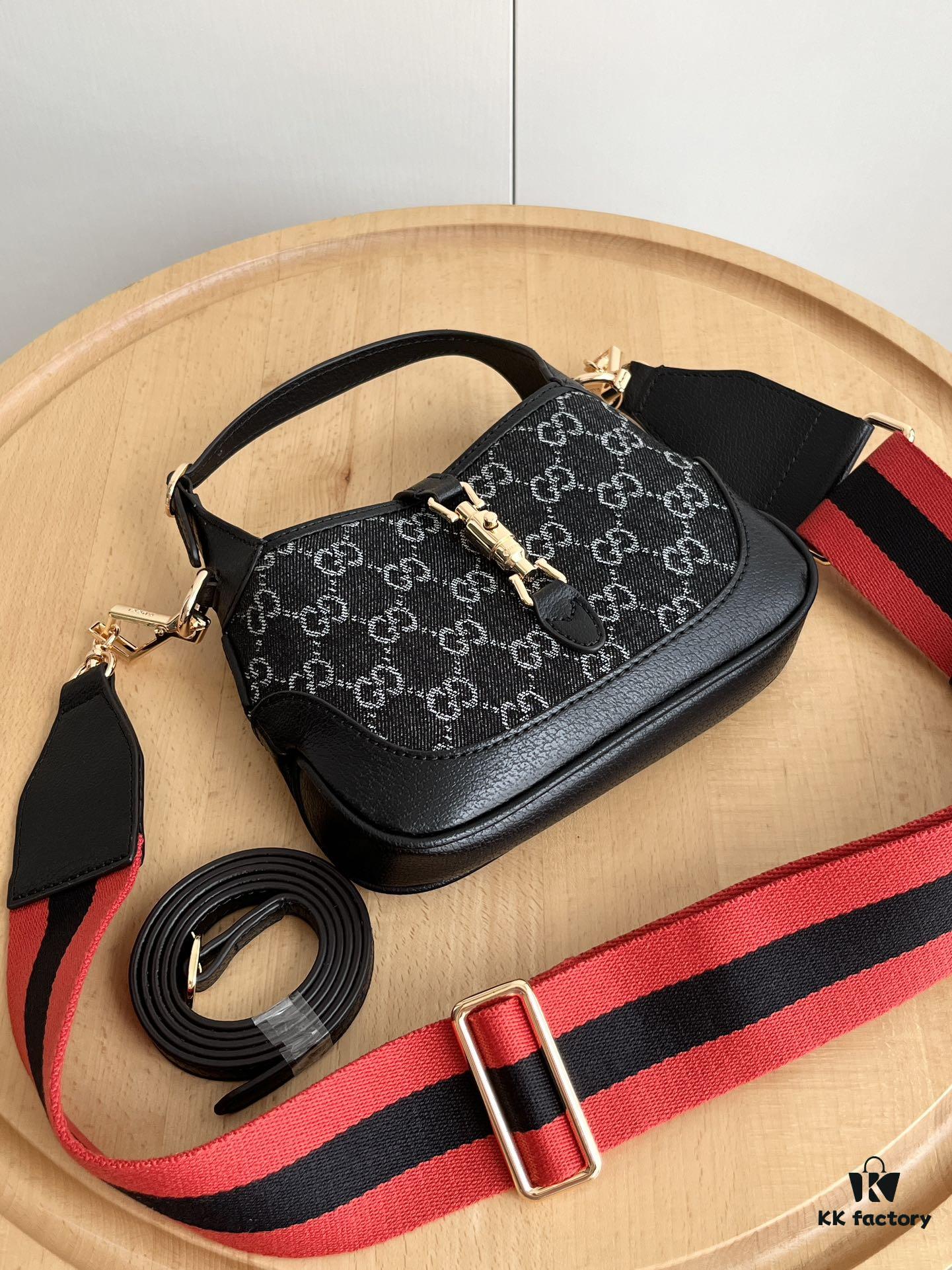 69308dc06e68136f4d9a939c Authentic Shot # (Double Shoulder Strap) - Gucci Jackie 1961 Small Bag in Black and Ivory GG Denim Jacquard