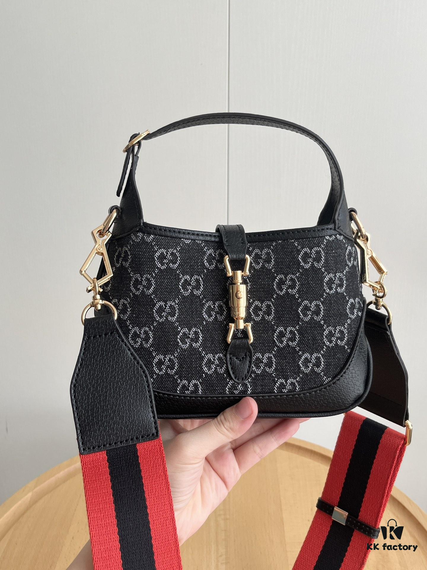 69308dc36e68136f4d9a93a0 Authentic Shot # (Double Shoulder Strap) - Gucci Jackie 1961 Small Bag in Black and Ivory GG Denim Jacquard