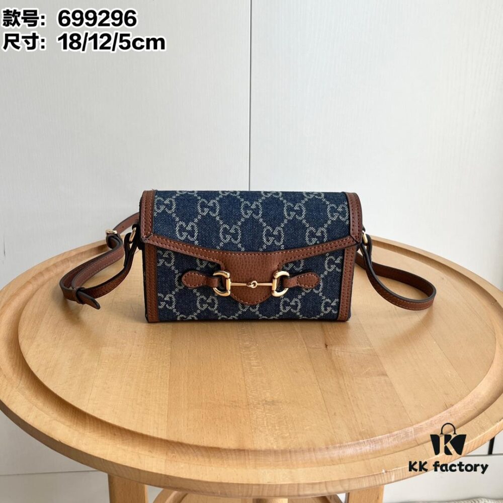 69308e276e68136f4d9a9468 Gucci 1955 Horsebit Mini Crossbody Bag in Blue Denim - Model: 699296