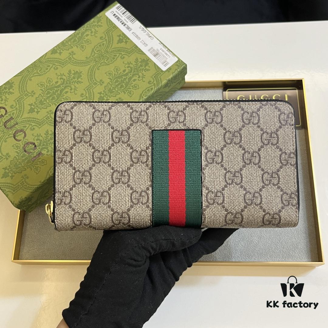 69308e916e68136f4d9a9539 Gucci GG Supreme Canvas Full-Zip Wallet with Web Stripe