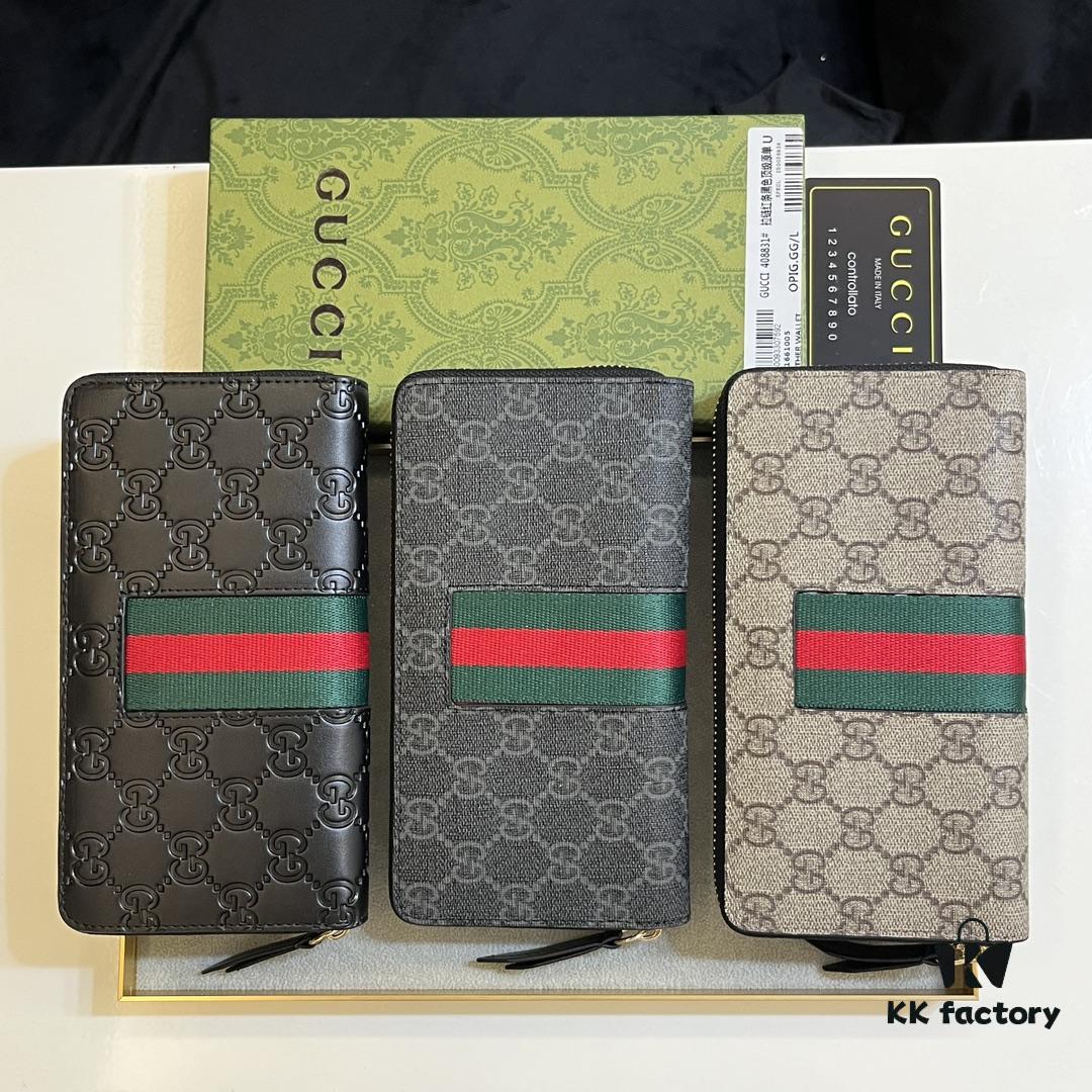 69308e936e68136f4d9a953b Gucci GG Supreme Canvas Full-Zip Wallet with Web Stripe