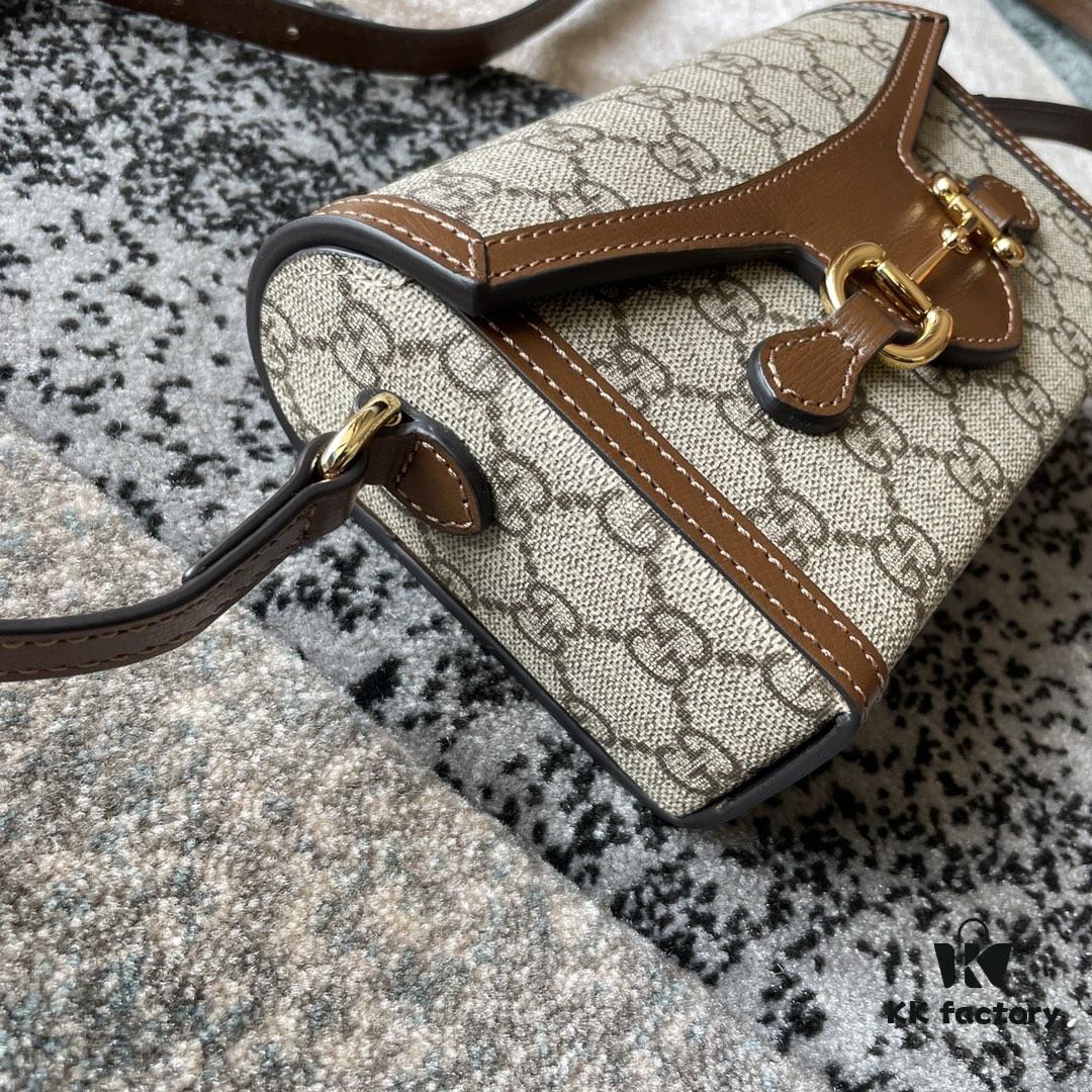 6930926b6e68136f4d9a9cd1 Gucci 1955 Horsebit Mini Bag in Beige and Ebony GG Supreme Canvas