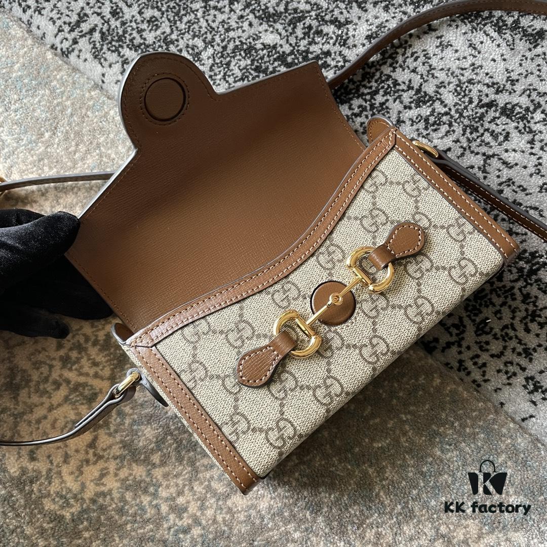6930926e6e68136f4d9a9cd5 Gucci 1955 Horsebit Mini Bag in Beige and Ebony GG Supreme Canvas