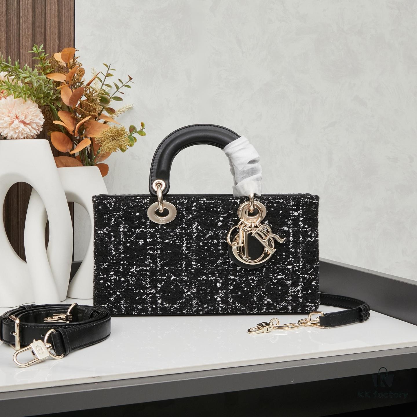693094f76e68136f4d9aa14a Lady Dior Tweed Black Leather Bag with Box