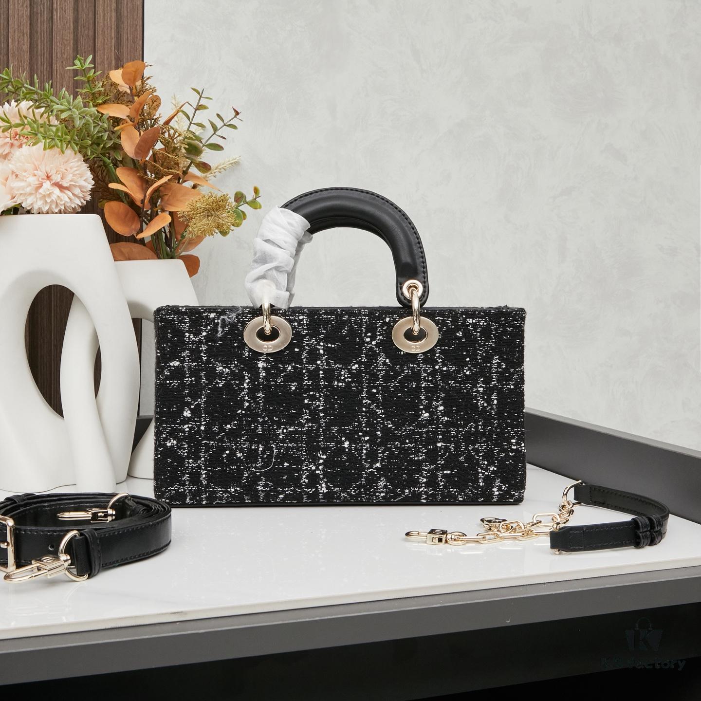 693094f76e68136f4d9aa14b Lady Dior Tweed Black Leather Bag with Box