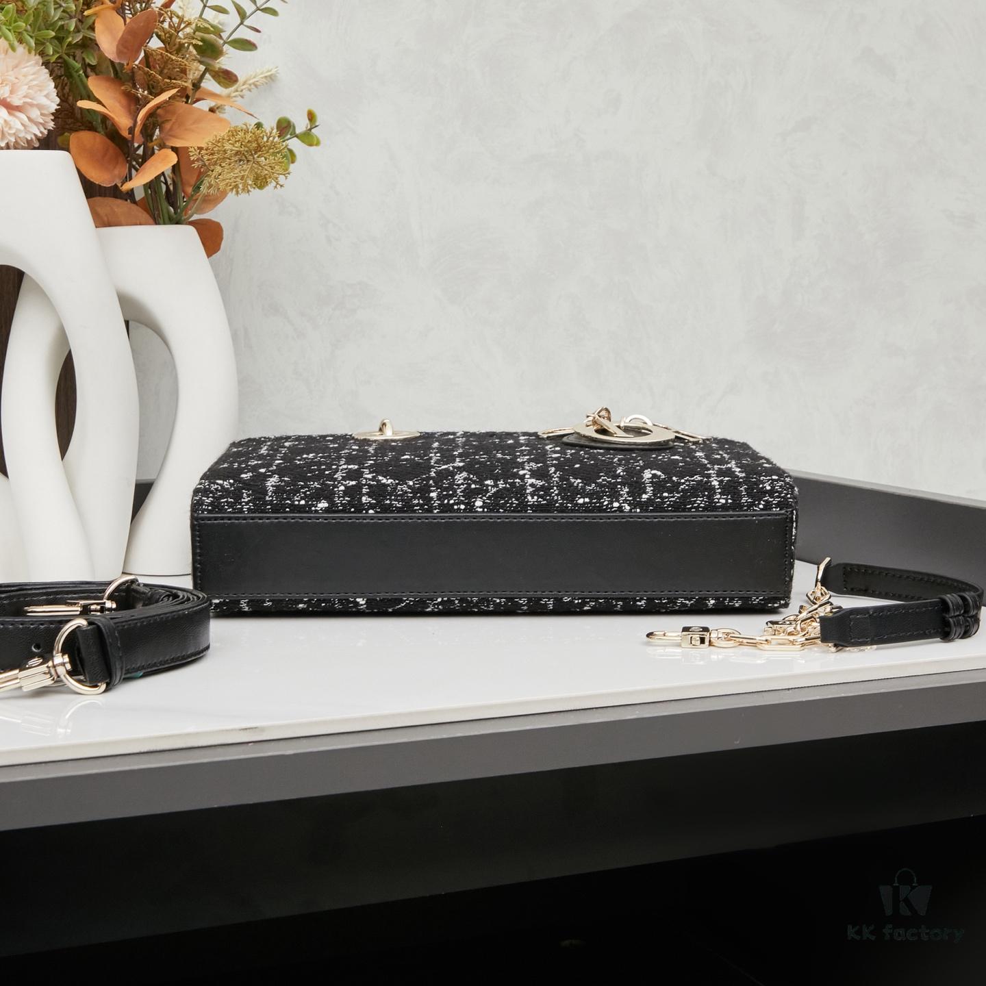 693094f76e68136f4d9aa14c Lady Dior Tweed Black Leather Bag with Box