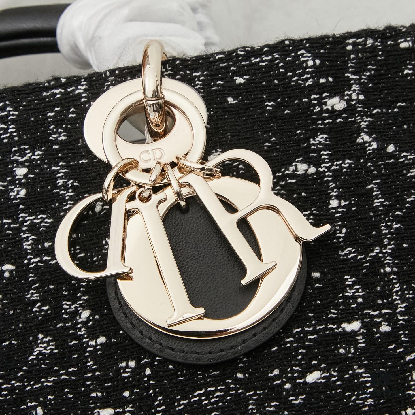 693094fa6e68136f4d9aa14e Lady Dior Tweed Black Leather Bag with Box
