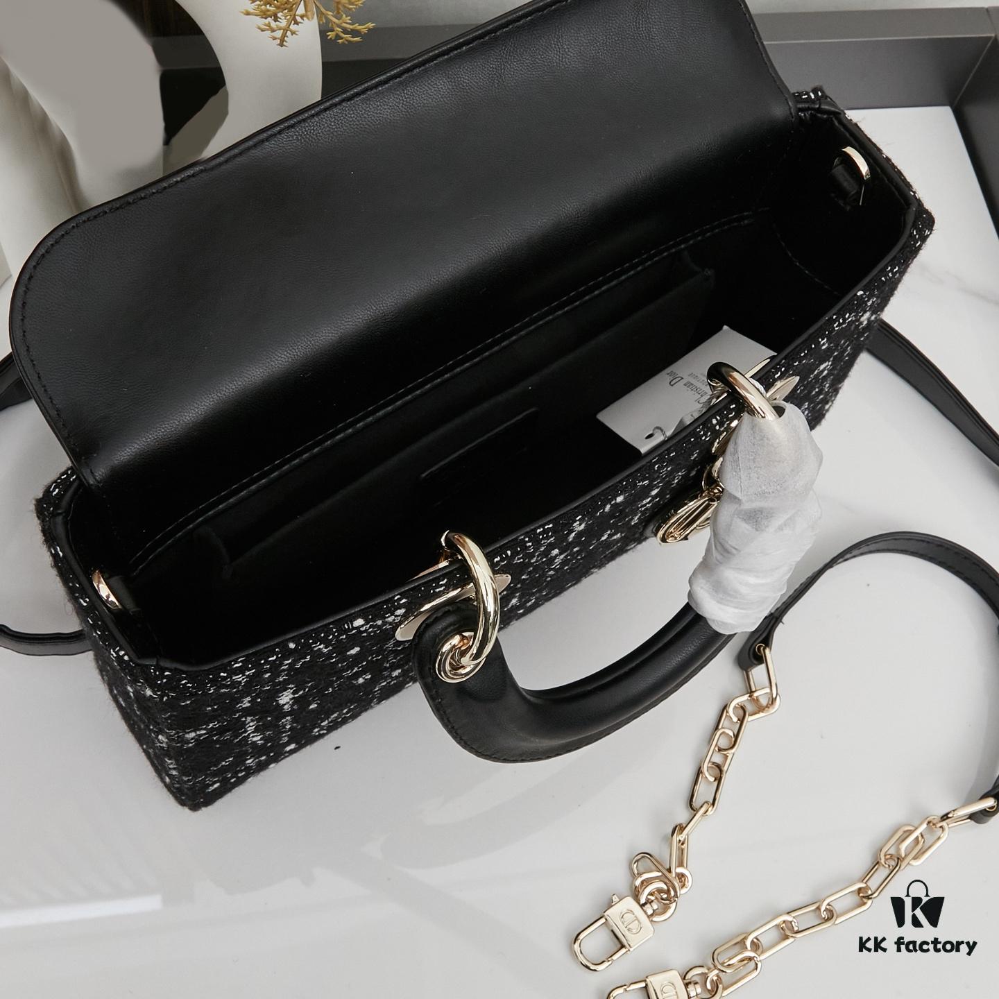 693094fb6e68136f4d9aa152 Lady Dior Tweed Black Leather Bag with Box