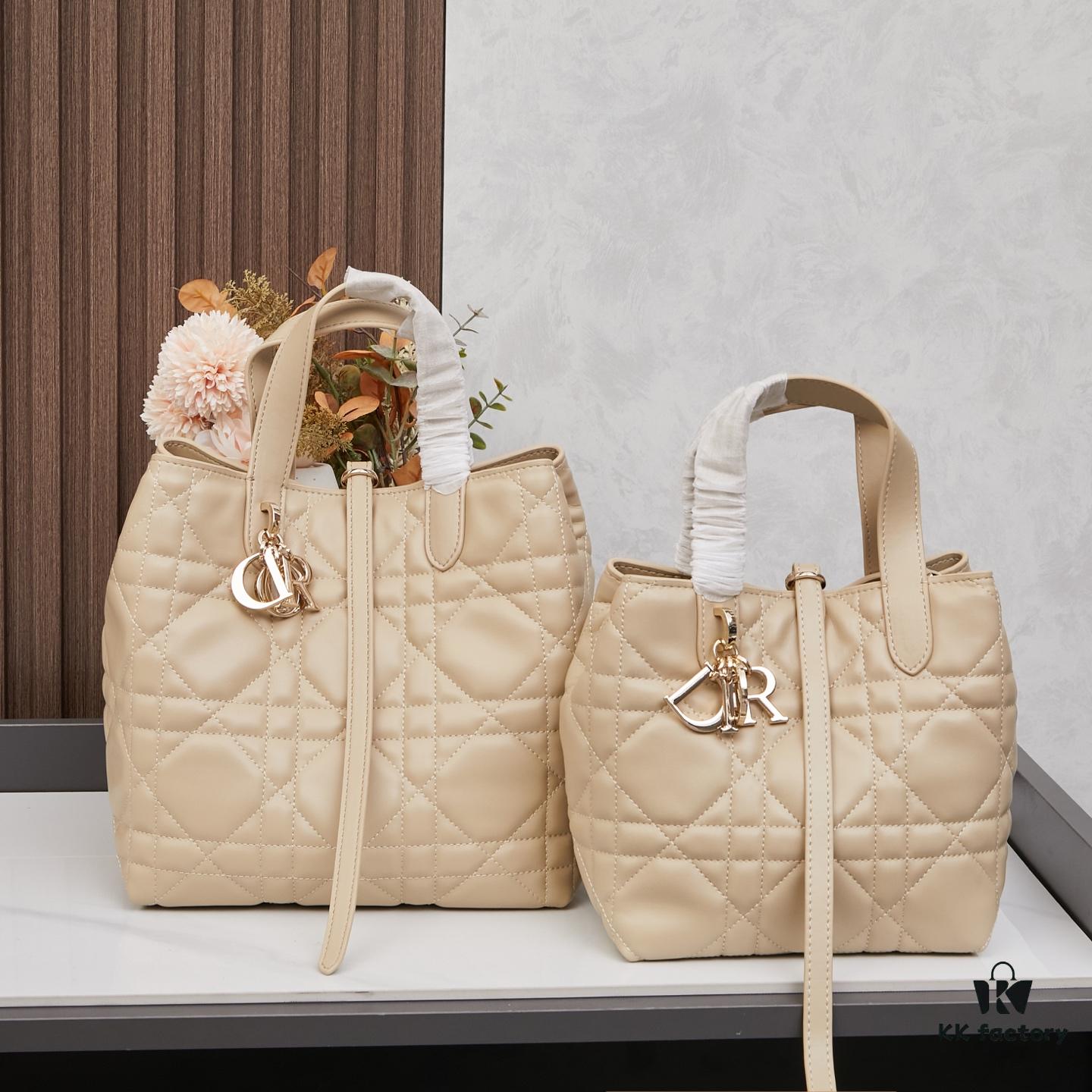 693096086e68136f4d9aa366 Dior Toujours Medium Vertical Handbag in Blush Beige Calfskin with Cannage Stitching