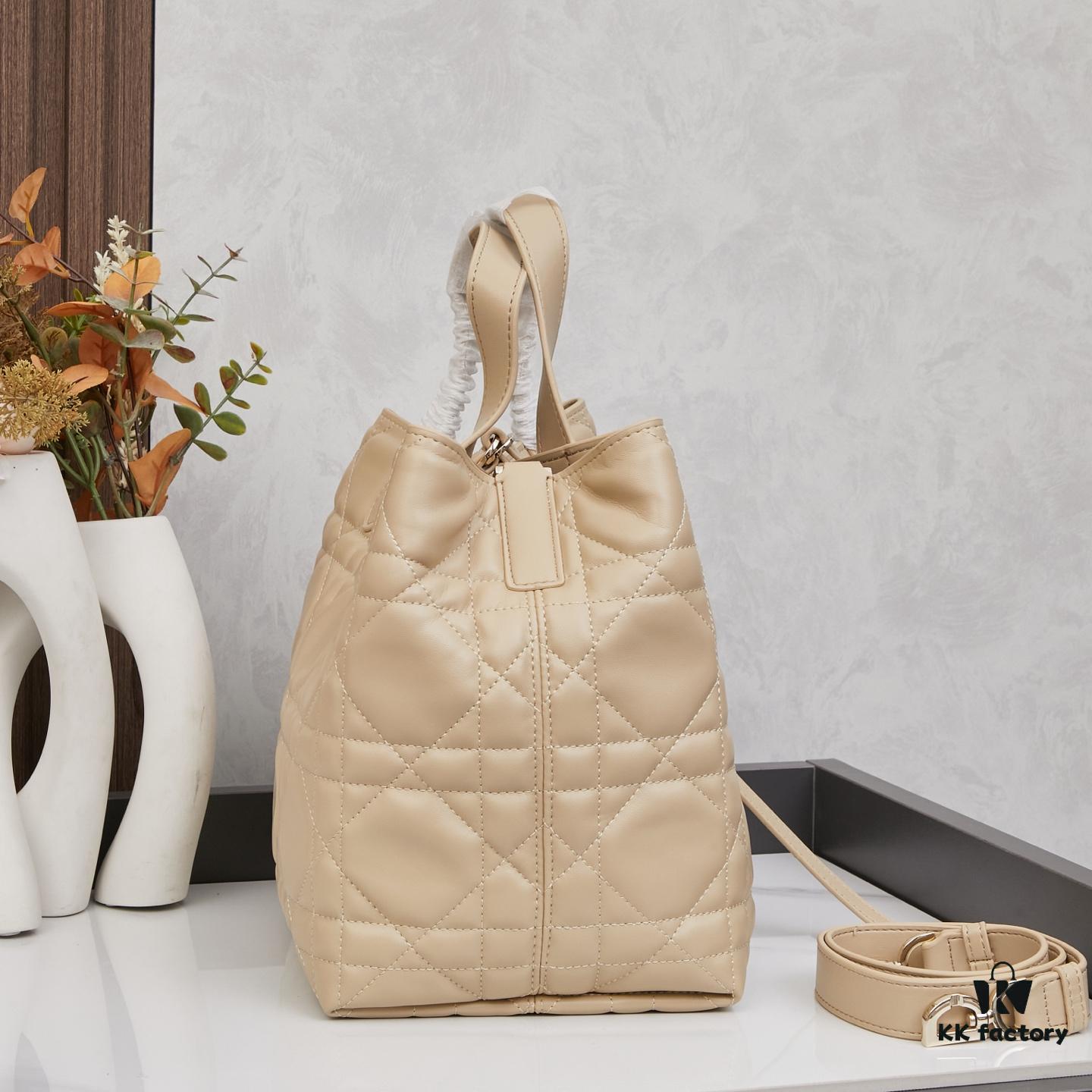 6930960e6e68136f4d9aa374 Dior Toujours Medium Vertical Handbag in Blush Beige Calfskin with Cannage Stitching