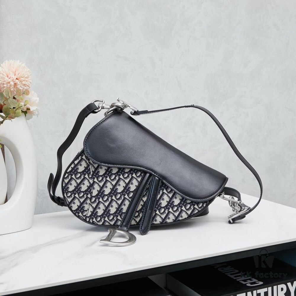 693096546e68136f4d9aa3f7 Large Black Dior Saddle Bag with Silver Buckle and Box