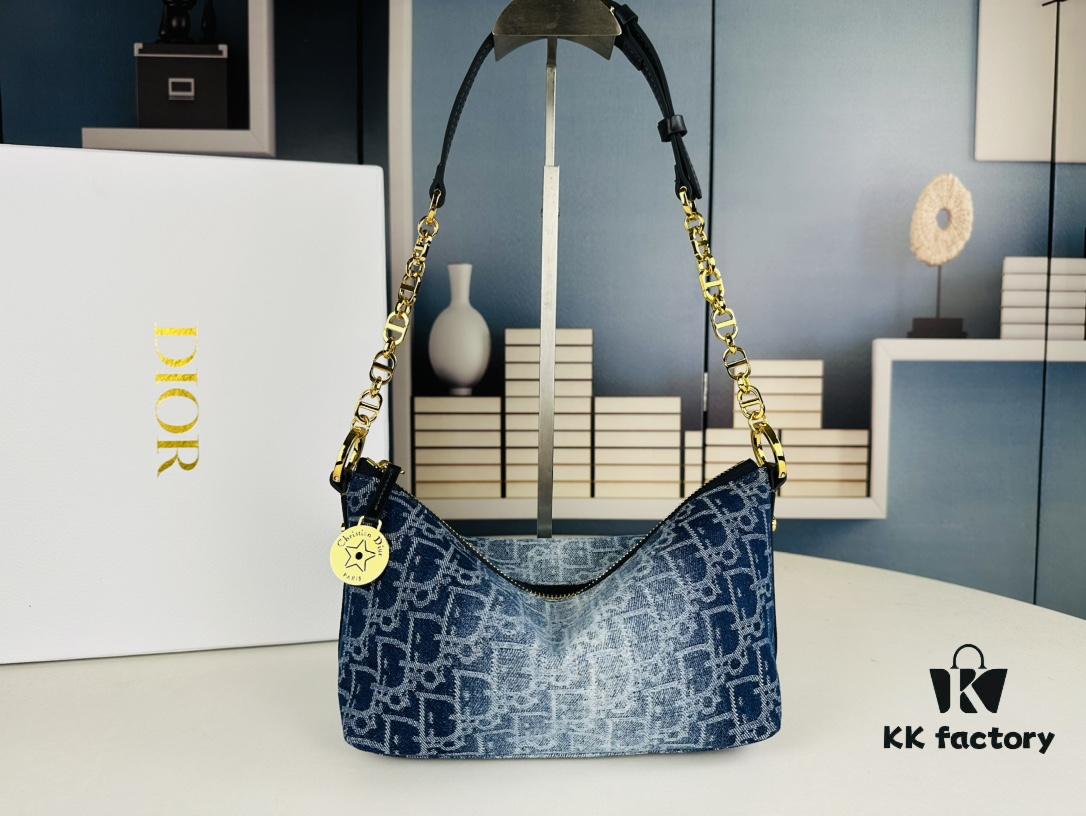 693096646e68136f4d9aa419 Diorstar Hobo Chain Bag in Blue Denim Dior Oblique Jacquard