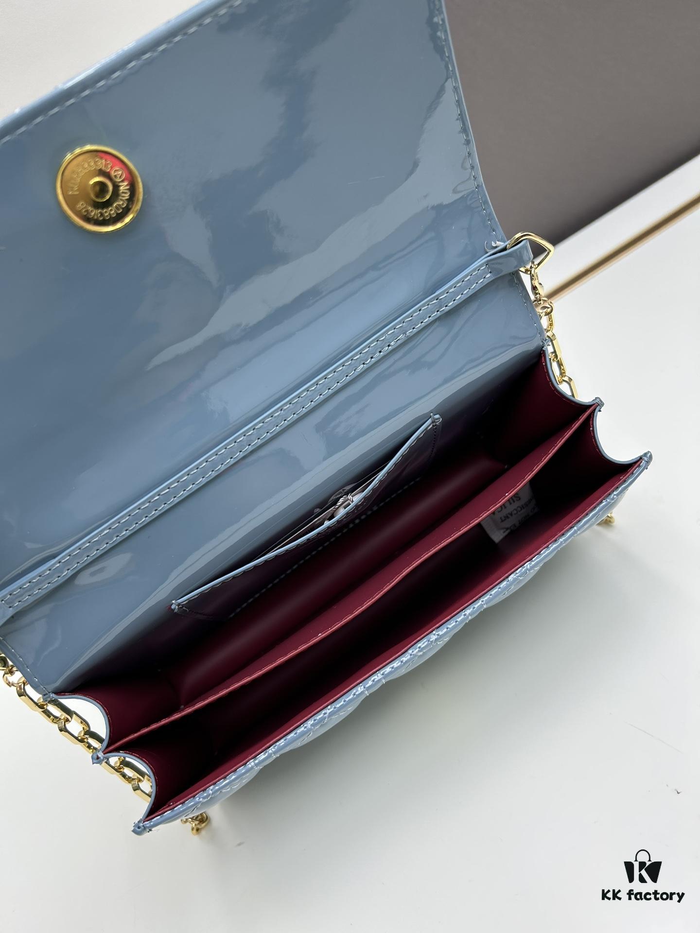 693097616e68136f4d9aa648 Lacquered Leather Lady Dior Pearl Clutch with Box