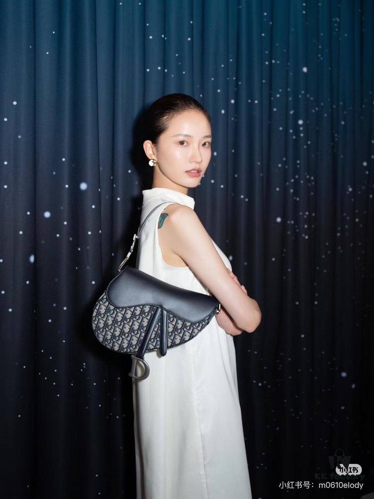 693099276e68136f4d9aa9c7 Large Size with Blue, Box Included Dior New Model Silver Buckle SADDLE Bag