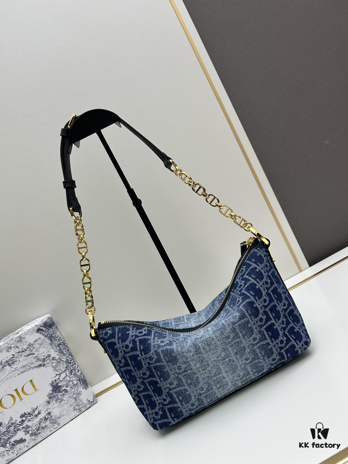 693099fd6e68136f4d9aab5d Diorstar Hobo Chain Bag in Blue Denim Dior Oblique Jacquard