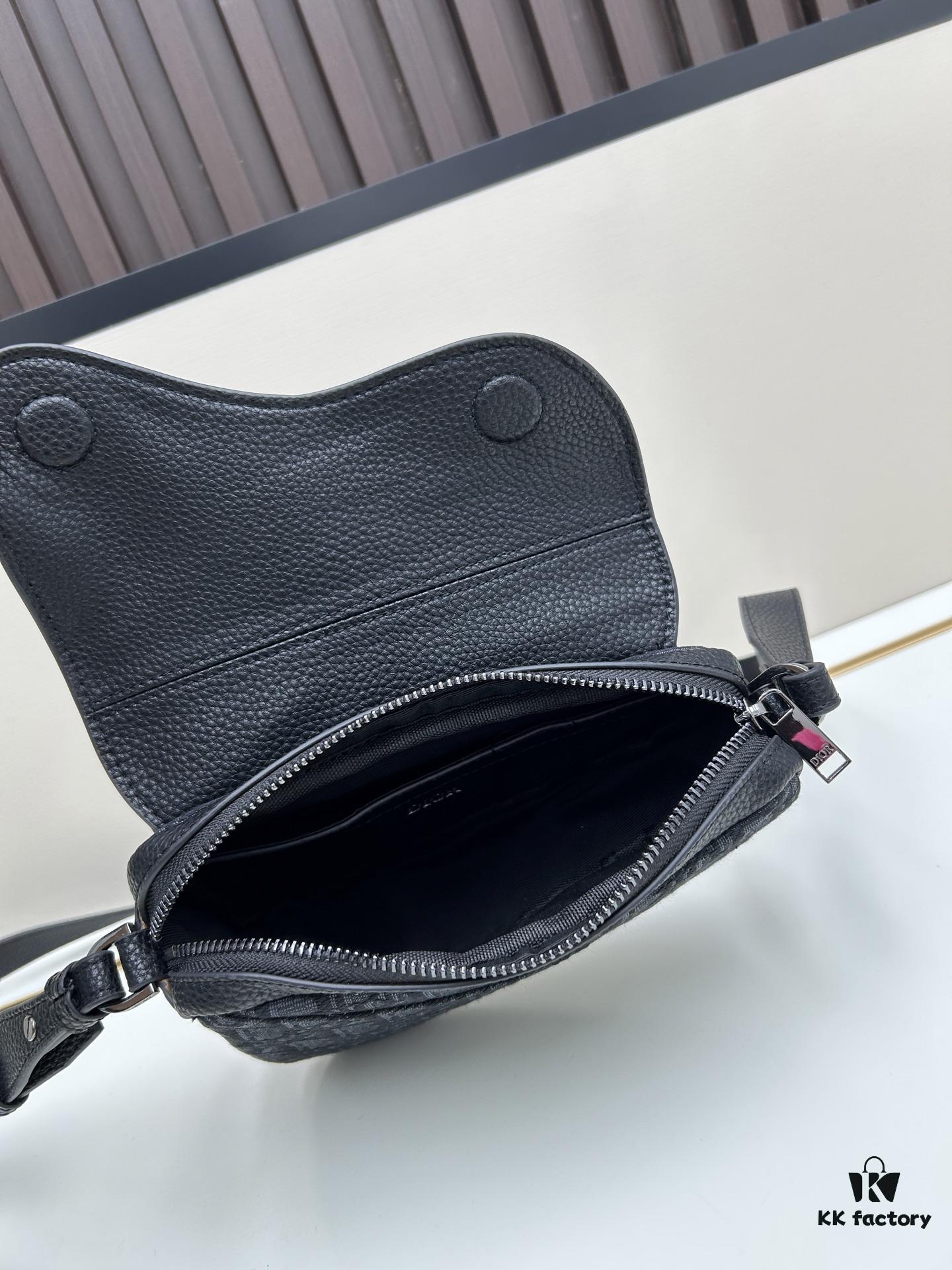 69309d246e68136f4d9ab174 This saddle bag reinterprets the classic design with a modern structure. Crafted from beige and black Oblique printed fabric, it features a signature black grained calfskin magnetic flap and a concealed zip closure. The interior includes a large compartment and slip pockets for organizing daily essentials. This mini style comes with an adjustable and detachable leather shoulder strap, allowing for versatile wear as a handheld, shoulder, or crossbody bag.