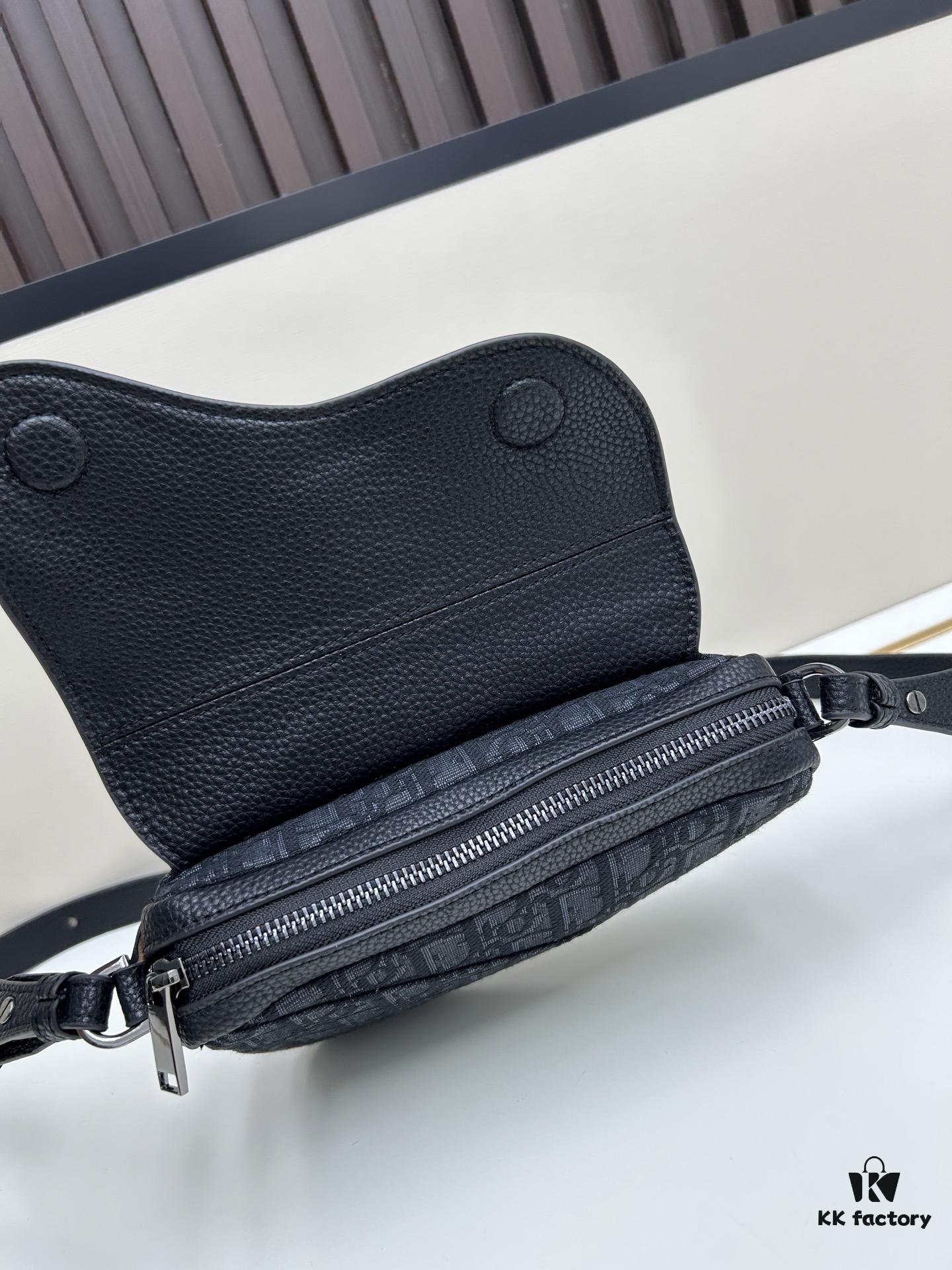 69309d246e68136f4d9ab175 This saddle bag reinterprets the classic design with a modern structure. Crafted from beige and black Oblique printed fabric, it features a signature black grained calfskin magnetic flap and a concealed zip closure. The interior includes a large compartment and slip pockets for organizing daily essentials. This mini style comes with an adjustable and detachable leather shoulder strap, allowing for versatile wear as a handheld, shoulder, or crossbody bag.