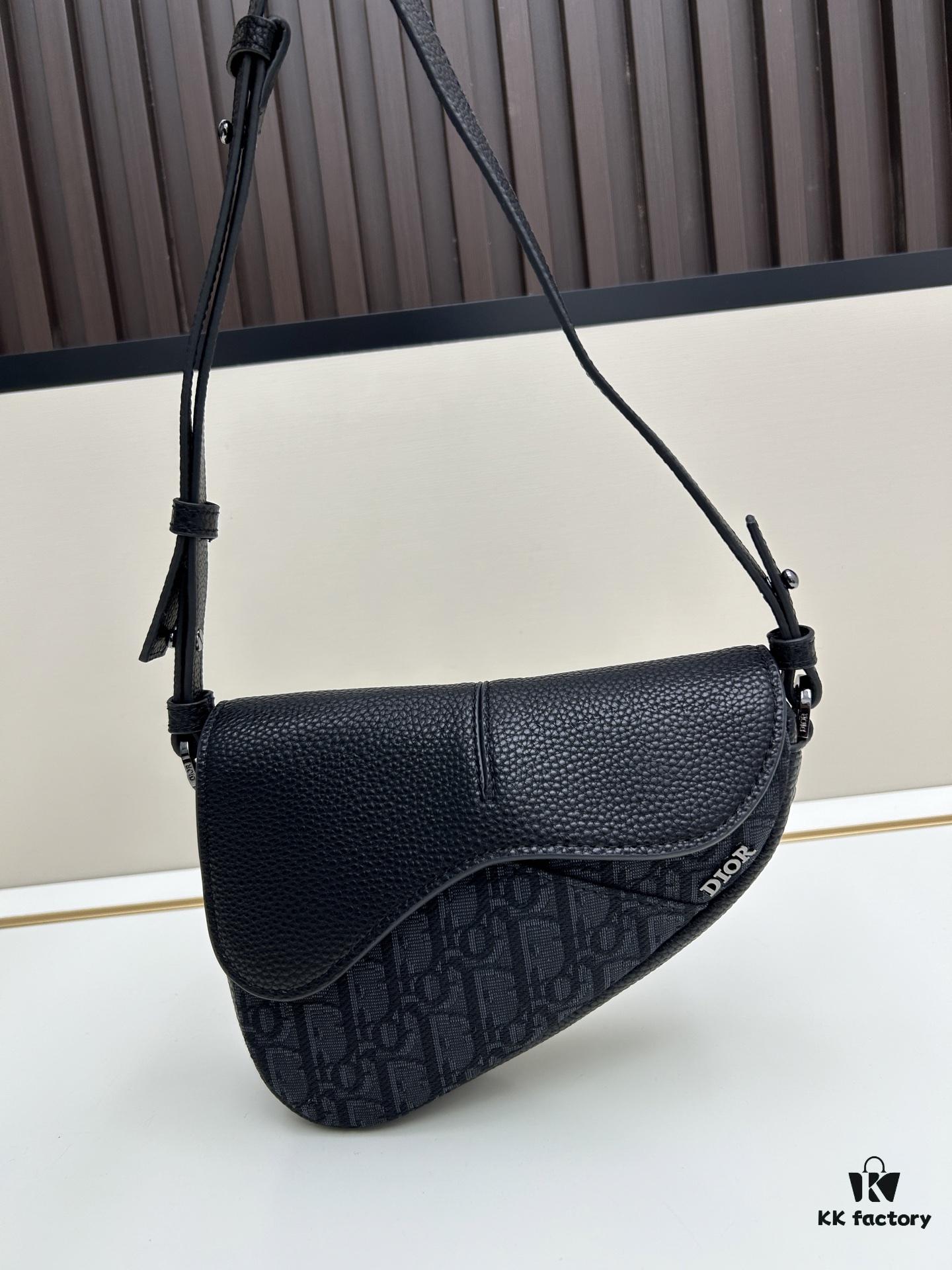 69309d286e68136f4d9ab17b This saddle bag reinterprets the classic design with a modern structure. Crafted from beige and black Oblique printed fabric, it features a signature black grained calfskin magnetic flap and a concealed zip closure. The interior includes a large compartment and slip pockets for organizing daily essentials. This mini style comes with an adjustable and detachable leather shoulder strap, allowing for versatile wear as a handheld, shoulder, or crossbody bag.