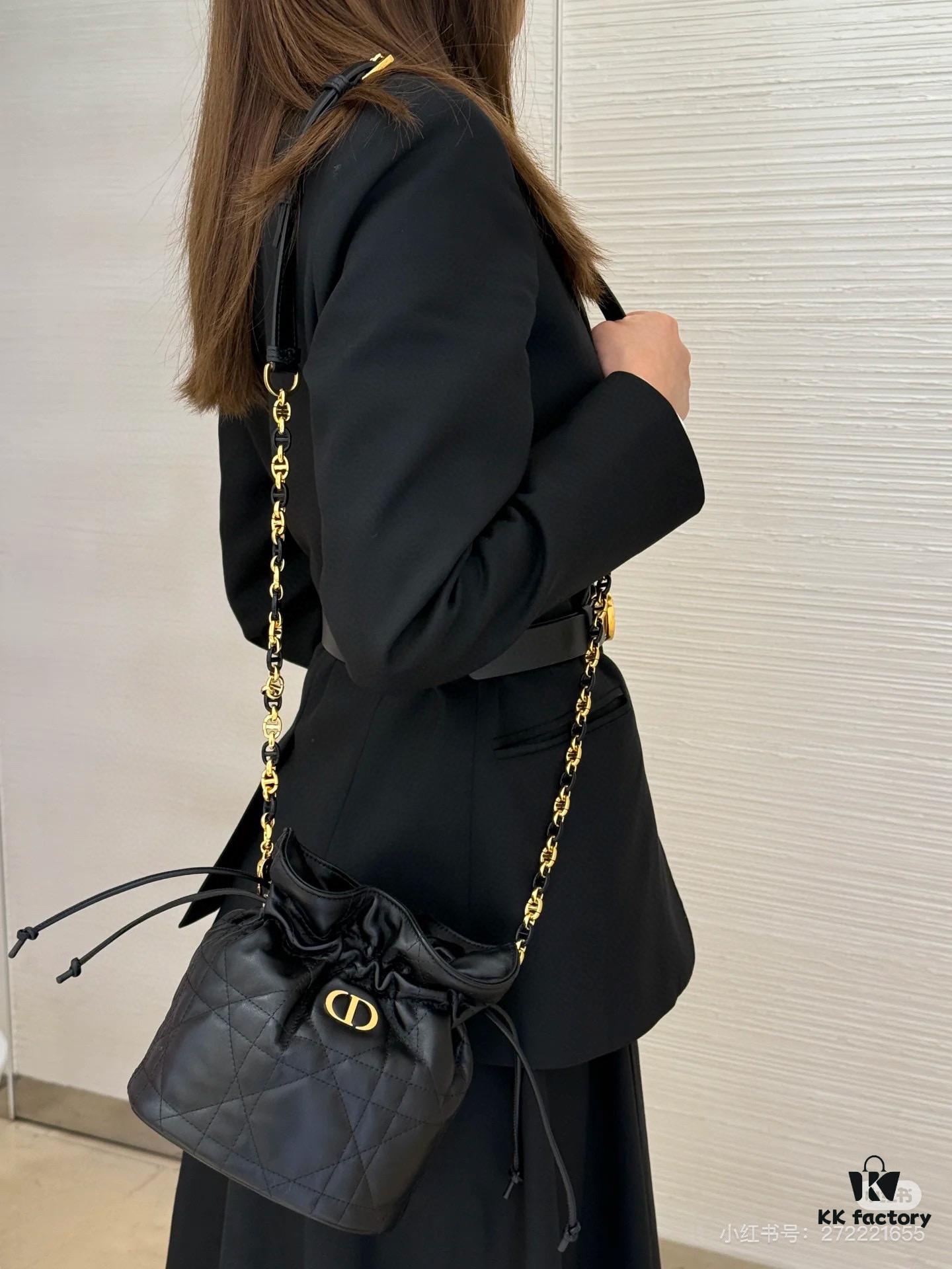69309e396e68136f4d9ab32a Dior Jolie Bucket Bag in Black Calfskin with Cannage Stitching, 2025 New Arrival