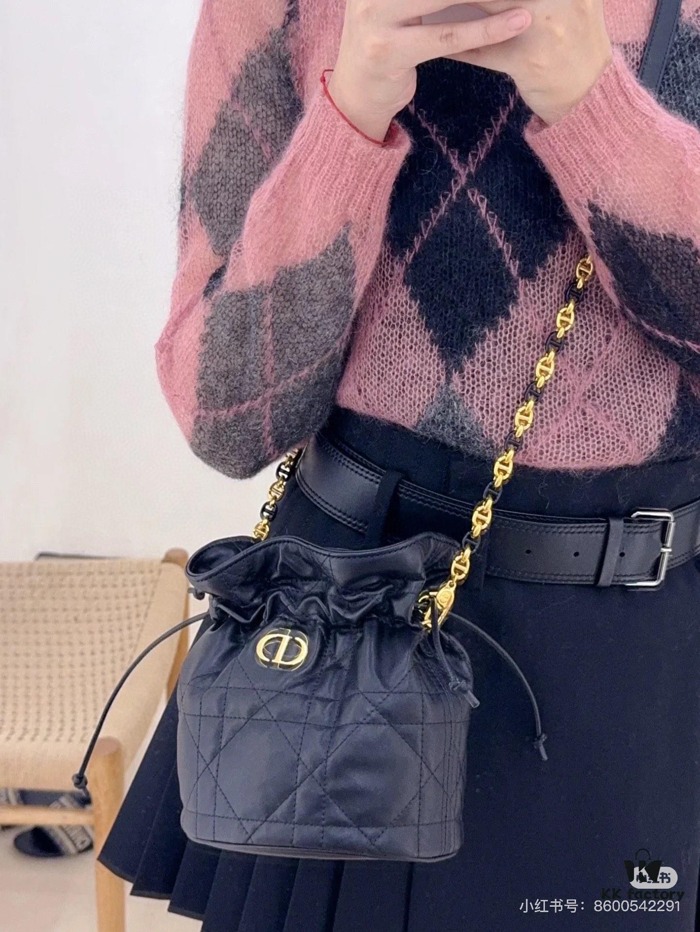 69309e3a6e68136f4d9ab32e Dior Jolie Bucket Bag in Black Calfskin with Cannage Stitching, 2025 New Arrival
