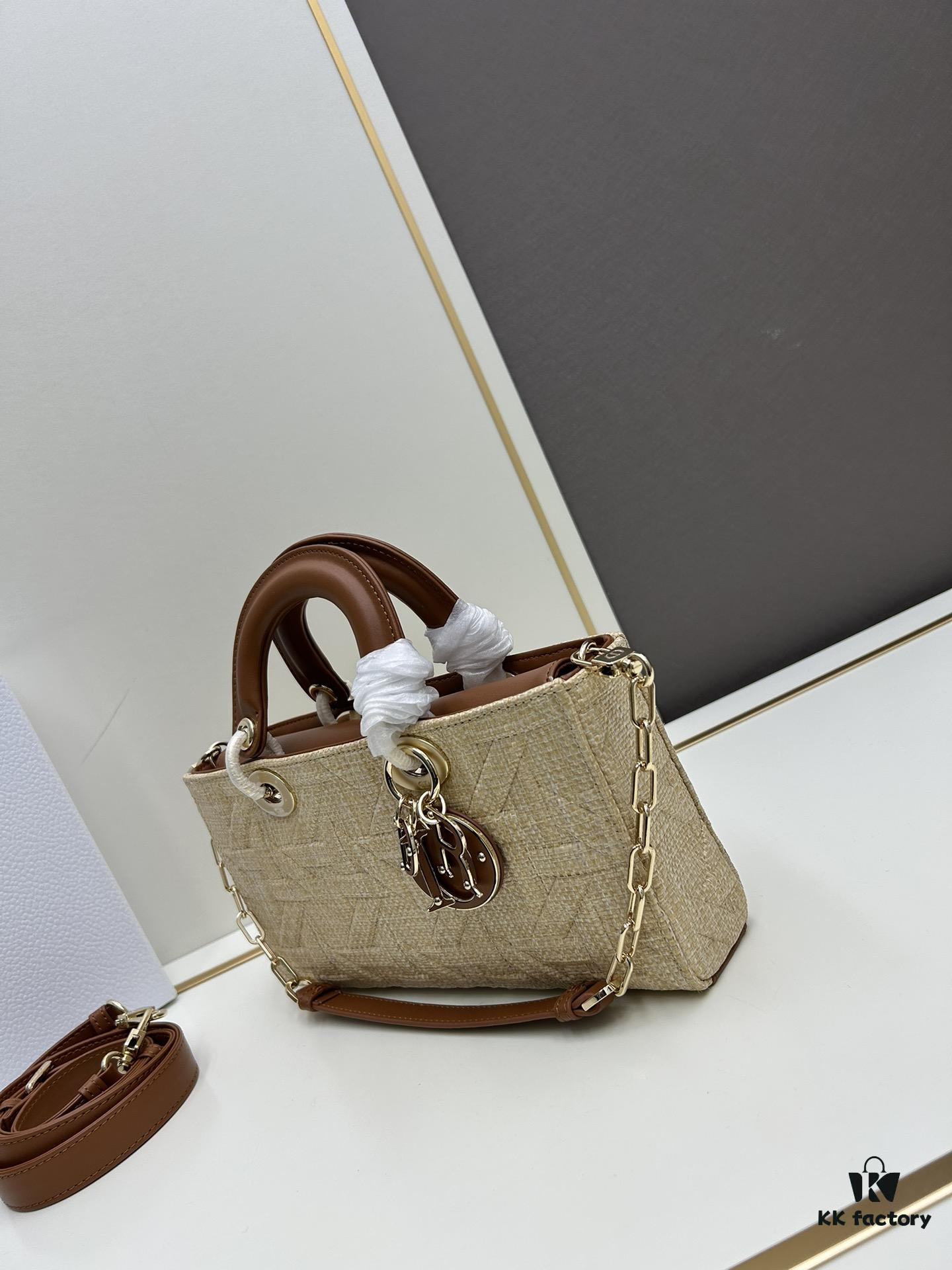 69309f3e6e68136f4d9ab4f6 Dior Lady Dior Top-Grade Original Leather Five-Grid Handbag in Denim and Raffia Mat with Cannage Quilting