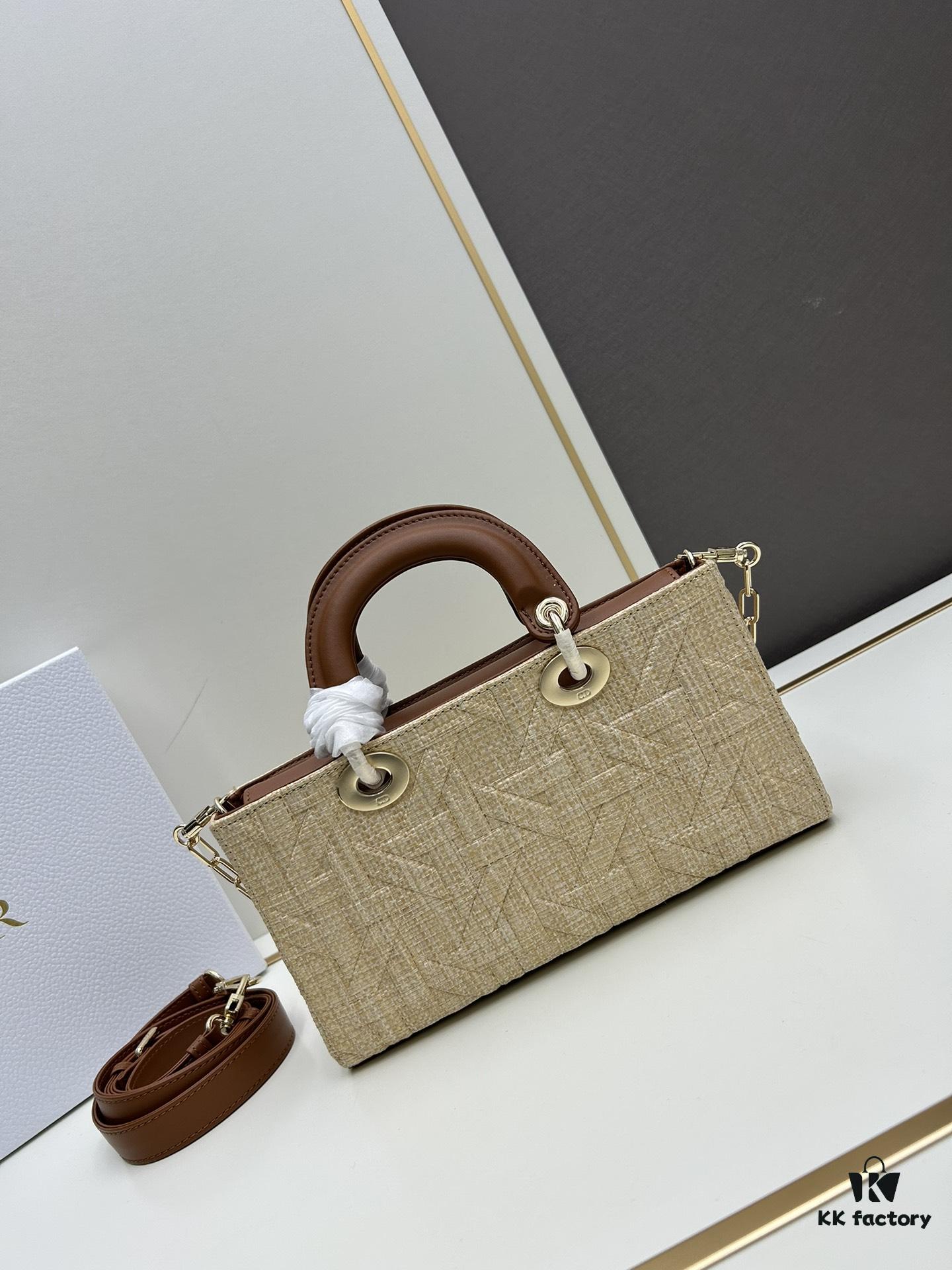 69309f3f6e68136f4d9ab4f7 Dior Lady Dior Top-Grade Original Leather Five-Grid Handbag in Denim and Raffia Mat with Cannage Quilting