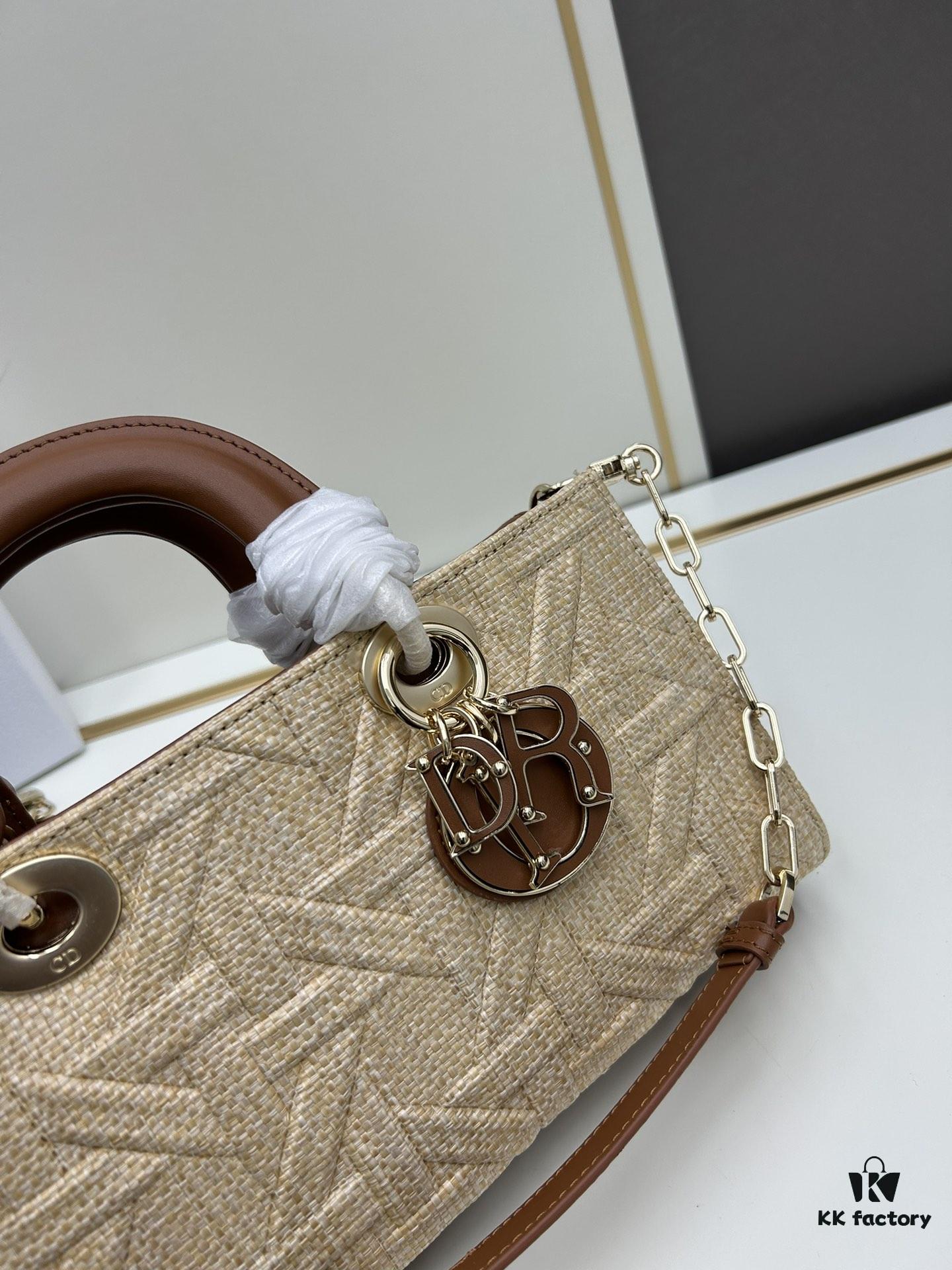 69309f406e68136f4d9ab4f9 Dior Lady Dior Top-Grade Original Leather Five-Grid Handbag in Denim and Raffia Mat with Cannage Quilting