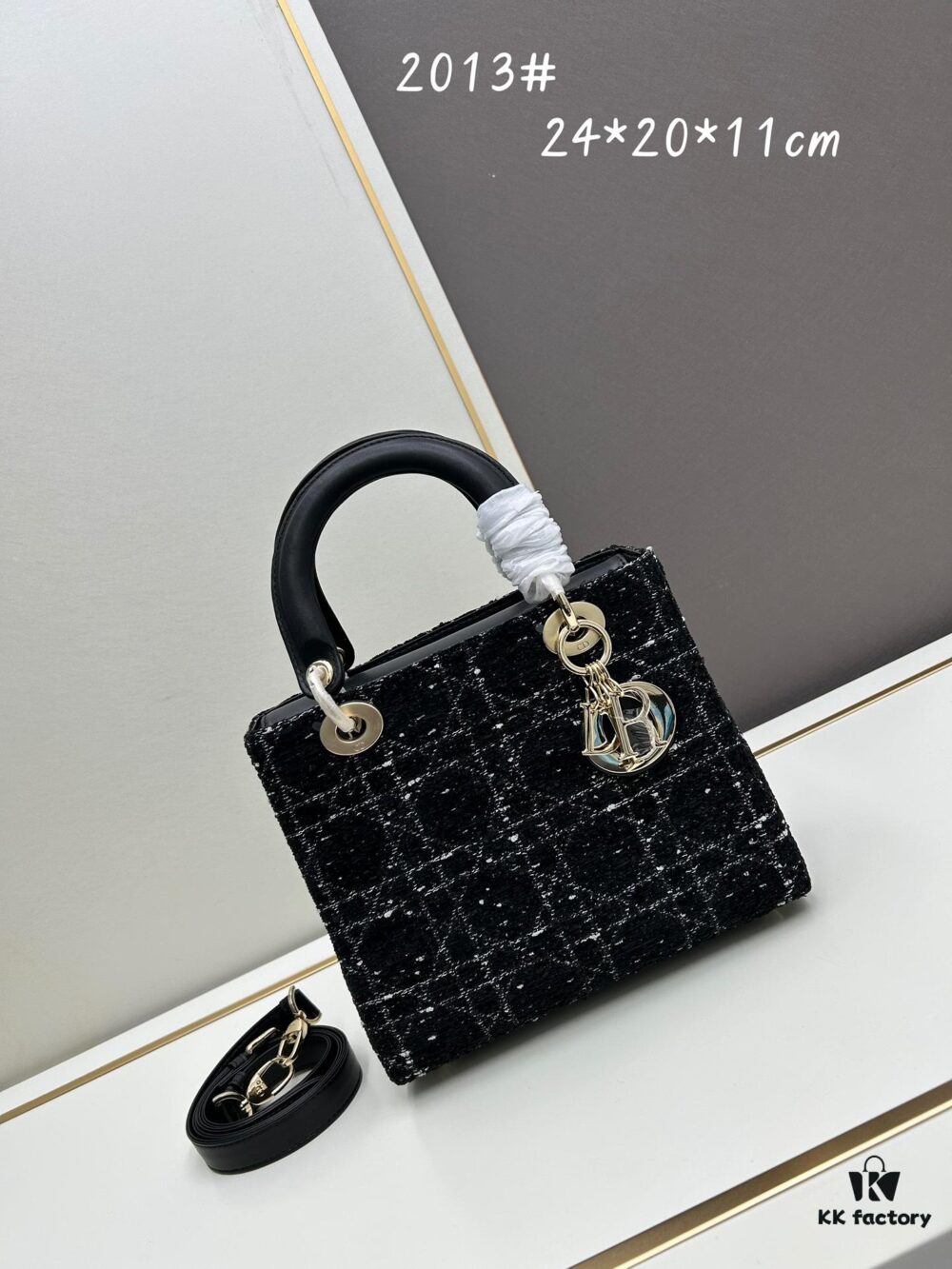 6930a0a96e68136f4d9ab7a3 Ilady Dior Coarse Houndstooth Canvas and Leather Handbag with Adjustable Strap
