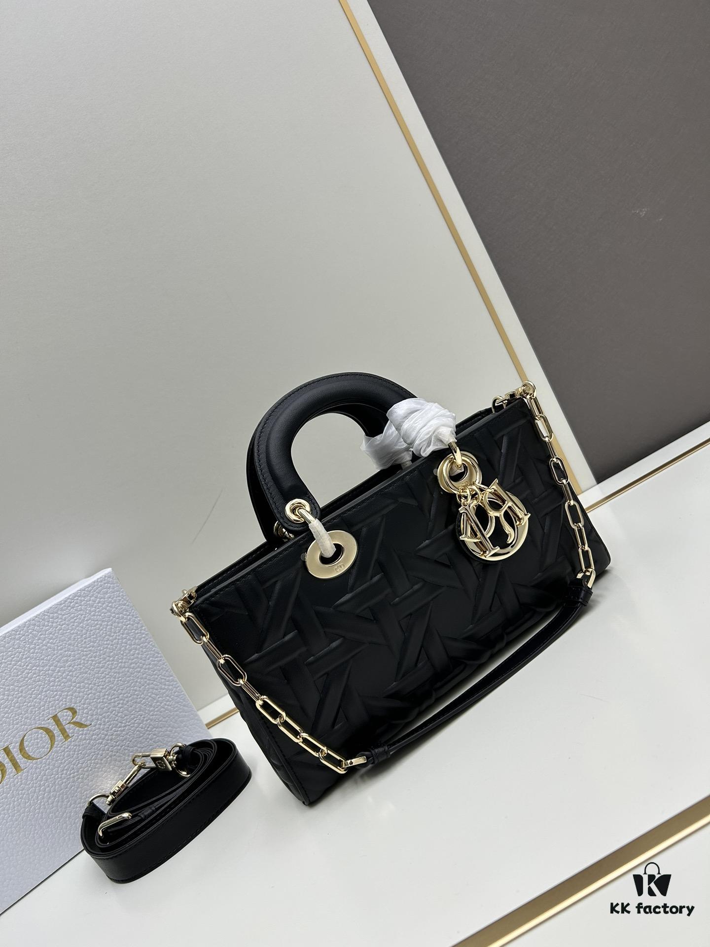 6930a0fc6e68136f4d9ab854 Dior Lady D-Joy Medium Handbag in Black Embossed Calfskin with Cannage Pattern