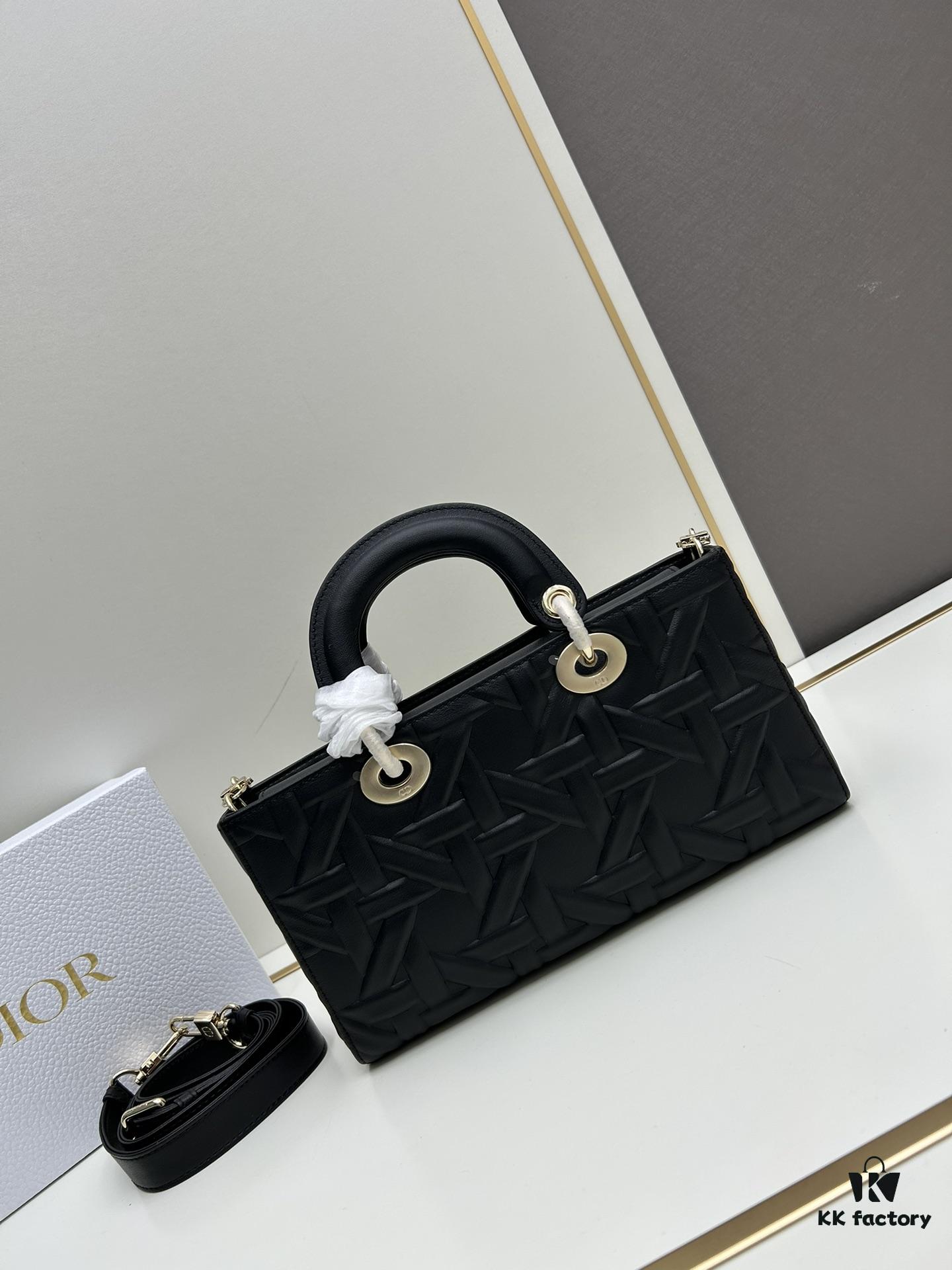 6930a0fd6e68136f4d9ab855 Dior Lady D-Joy Medium Handbag in Black Embossed Calfskin with Cannage Pattern
