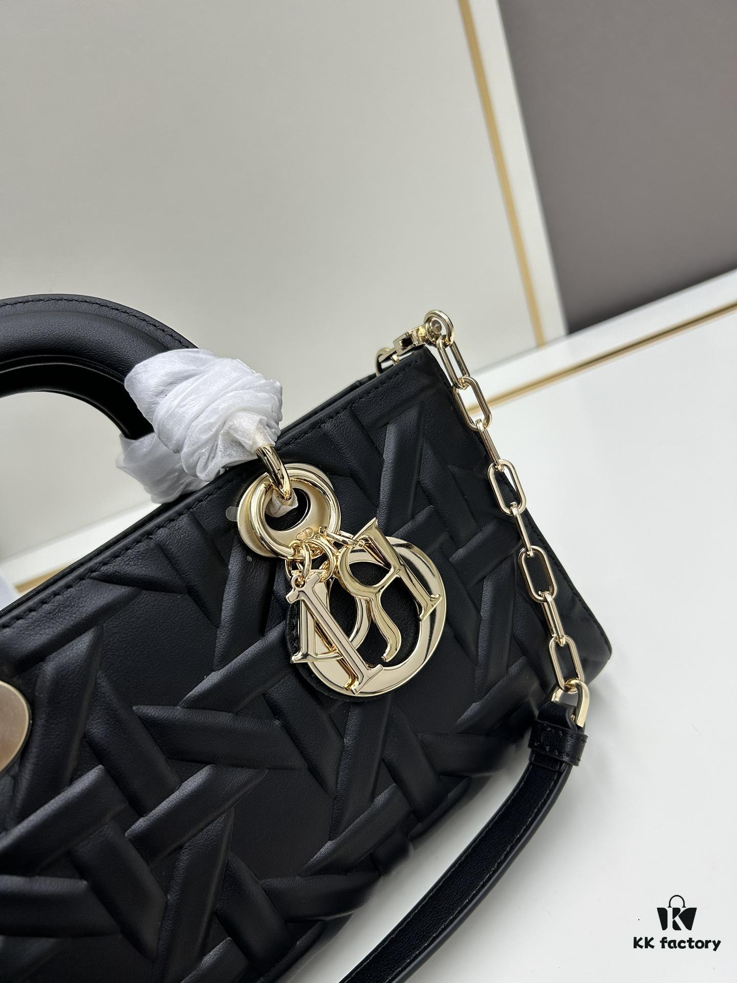 6930a0fe6e68136f4d9ab856 Dior Lady D-Joy Medium Handbag in Black Embossed Calfskin with Cannage Pattern