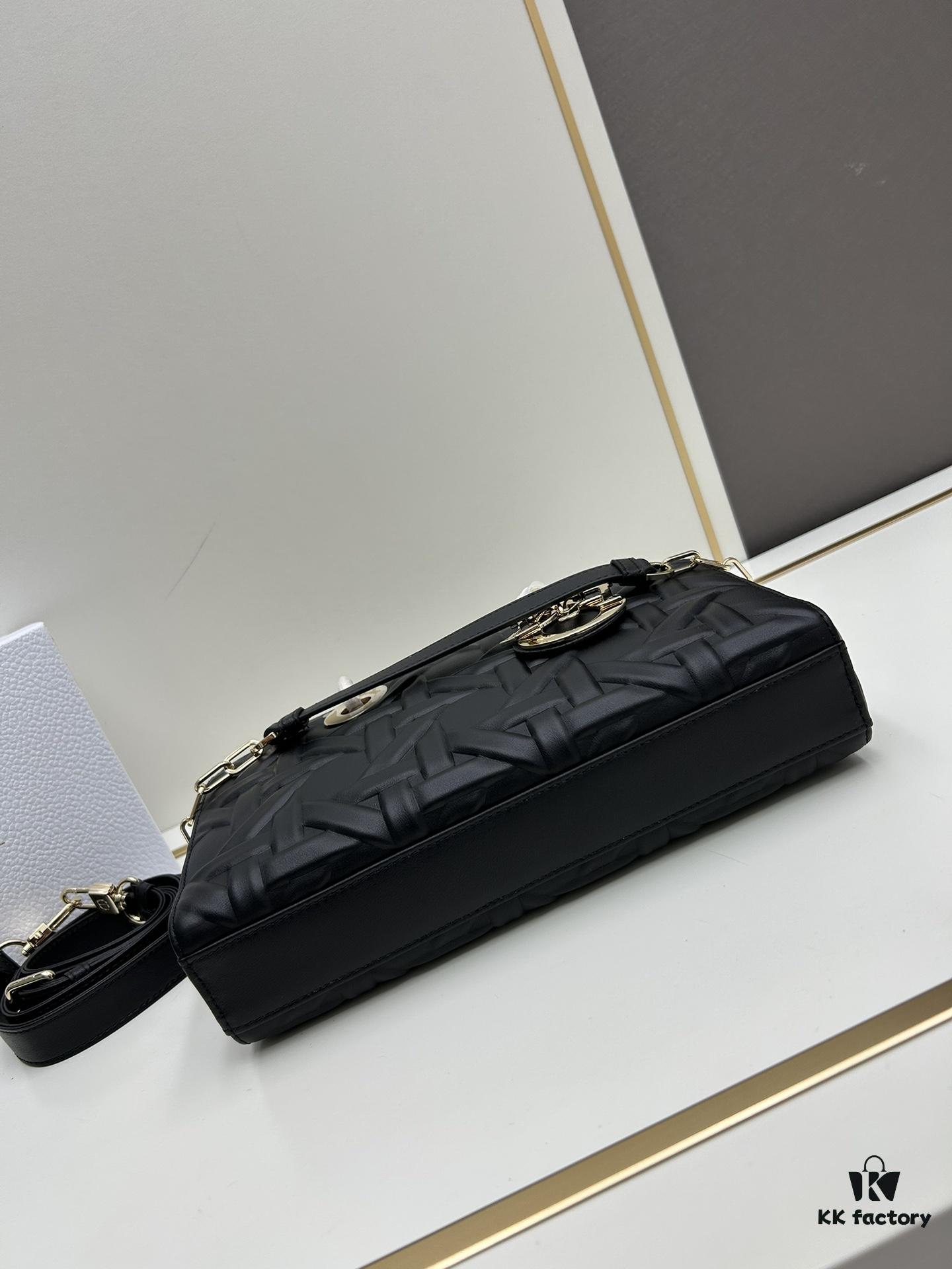 6930a0ff6e68136f4d9ab857 Dior Lady D-Joy Medium Handbag in Black Embossed Calfskin with Cannage Pattern